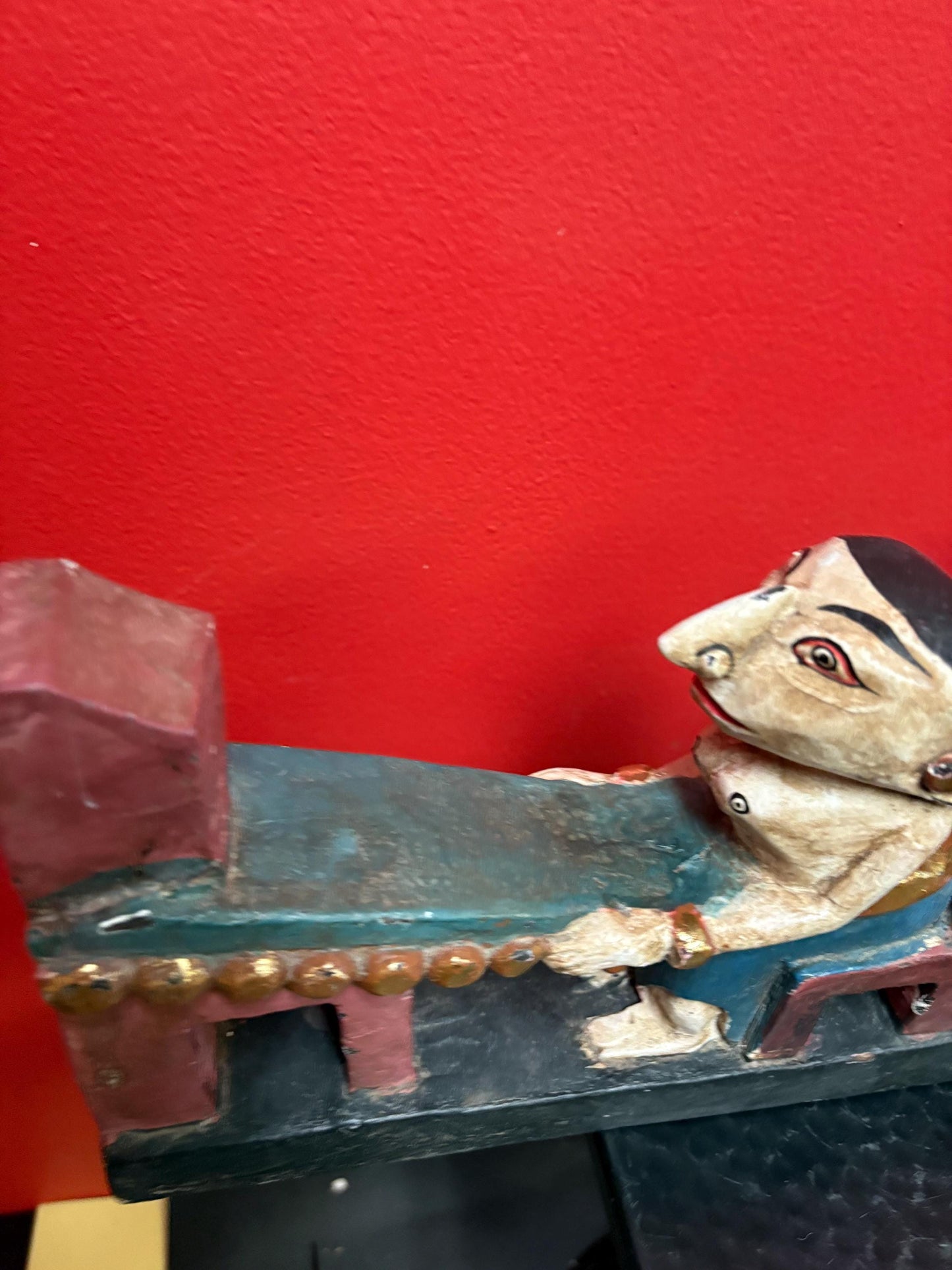 Fabulous 16 x 7 high antique polychrome painted southeast Asian statue  great patina and colour  wow decoration