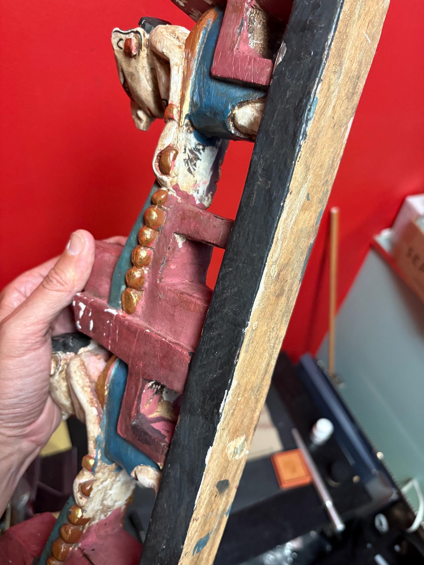 Fabulous 16 x 7 high antique polychrome painted southeast Asian statue  great patina and colour  wow decoration