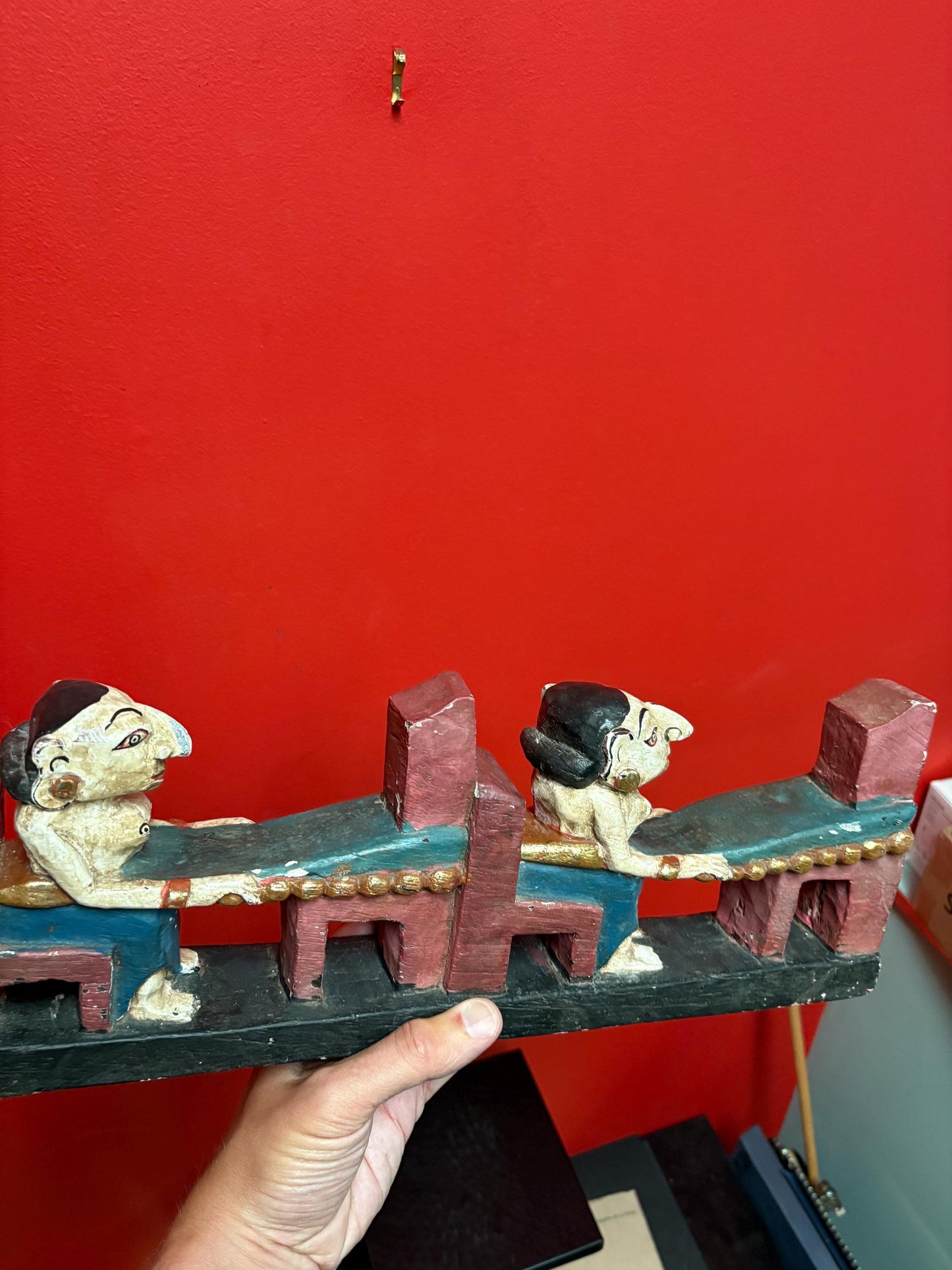 Fabulous 16 x 7 high antique polychrome painted southeast Asian statue  great patina and colour  wow decoration