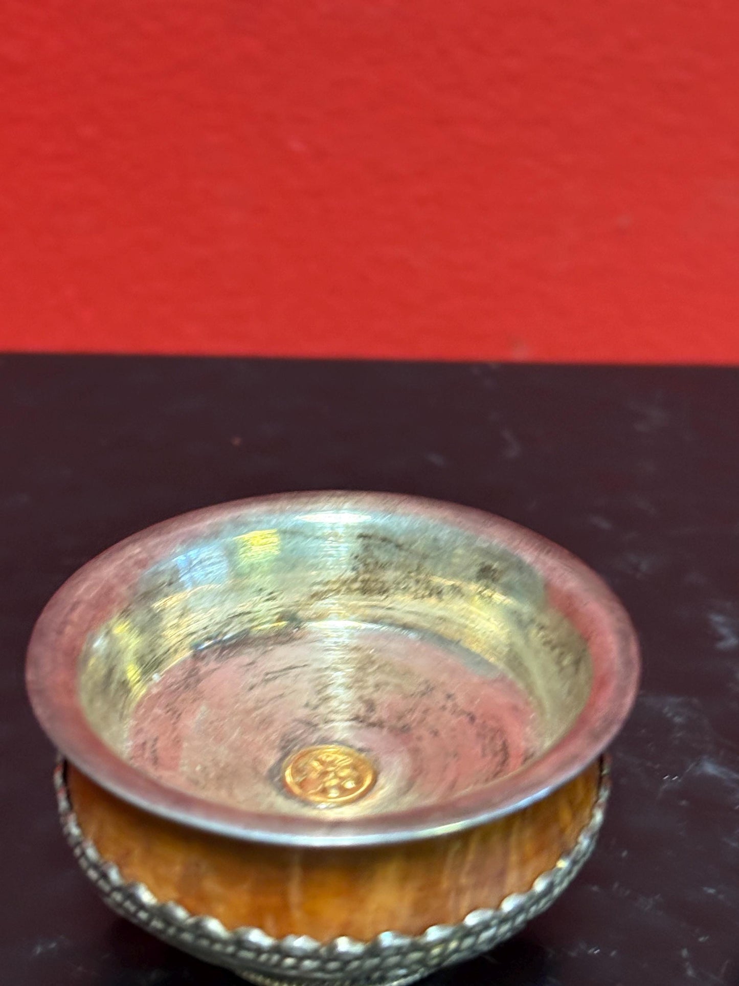 Beautiful Nepalese 2 x 1 high silver and wood ceremonial cups  very lovely detail  price for pair