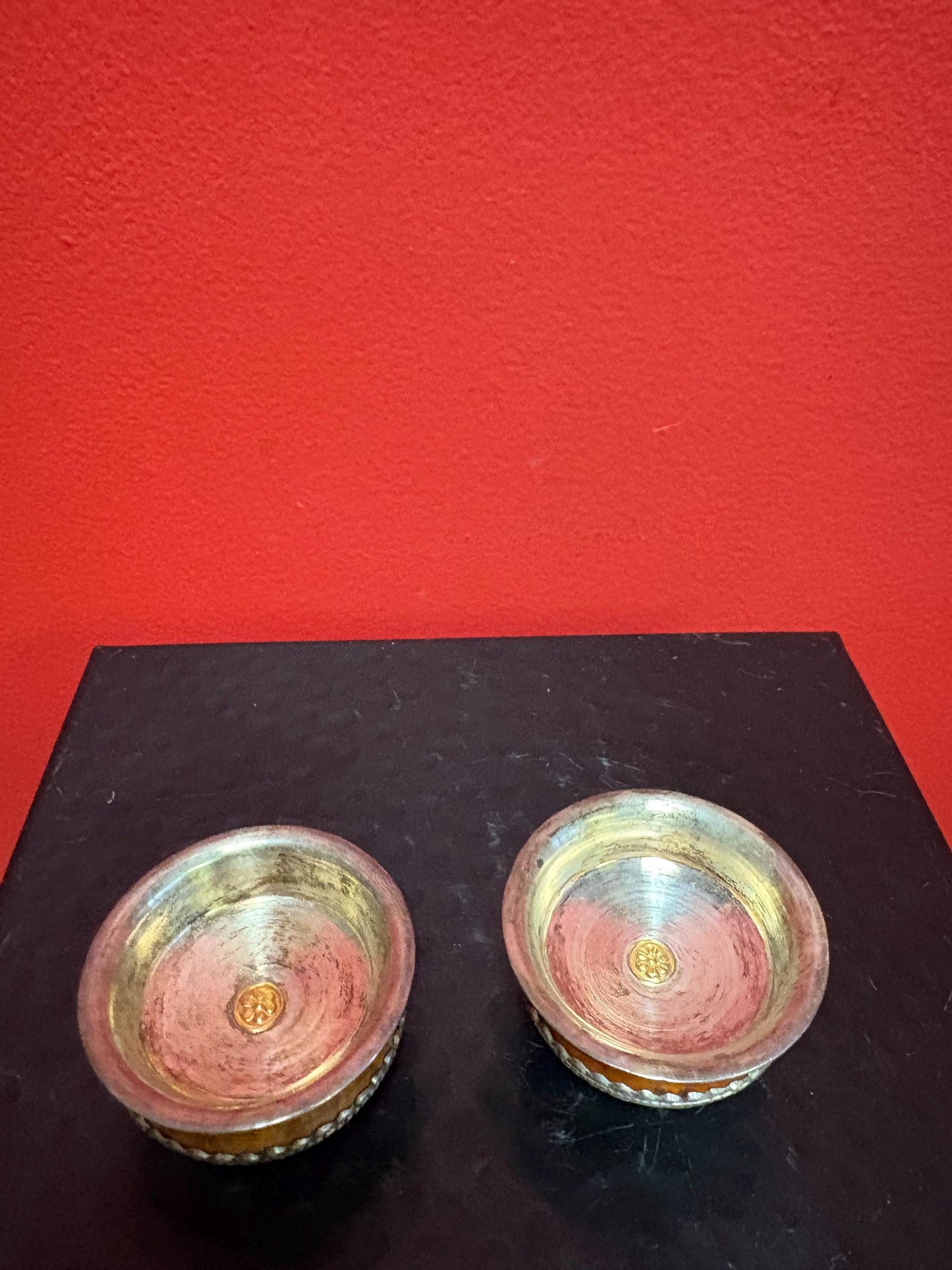 Beautiful Nepalese 2 x 1 high silver and wood ceremonial cups  very lovely detail  price for pair