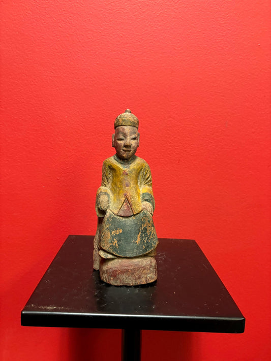 Ancient Chinese polychrome wooden deity  great colours and condition  8 inches tall