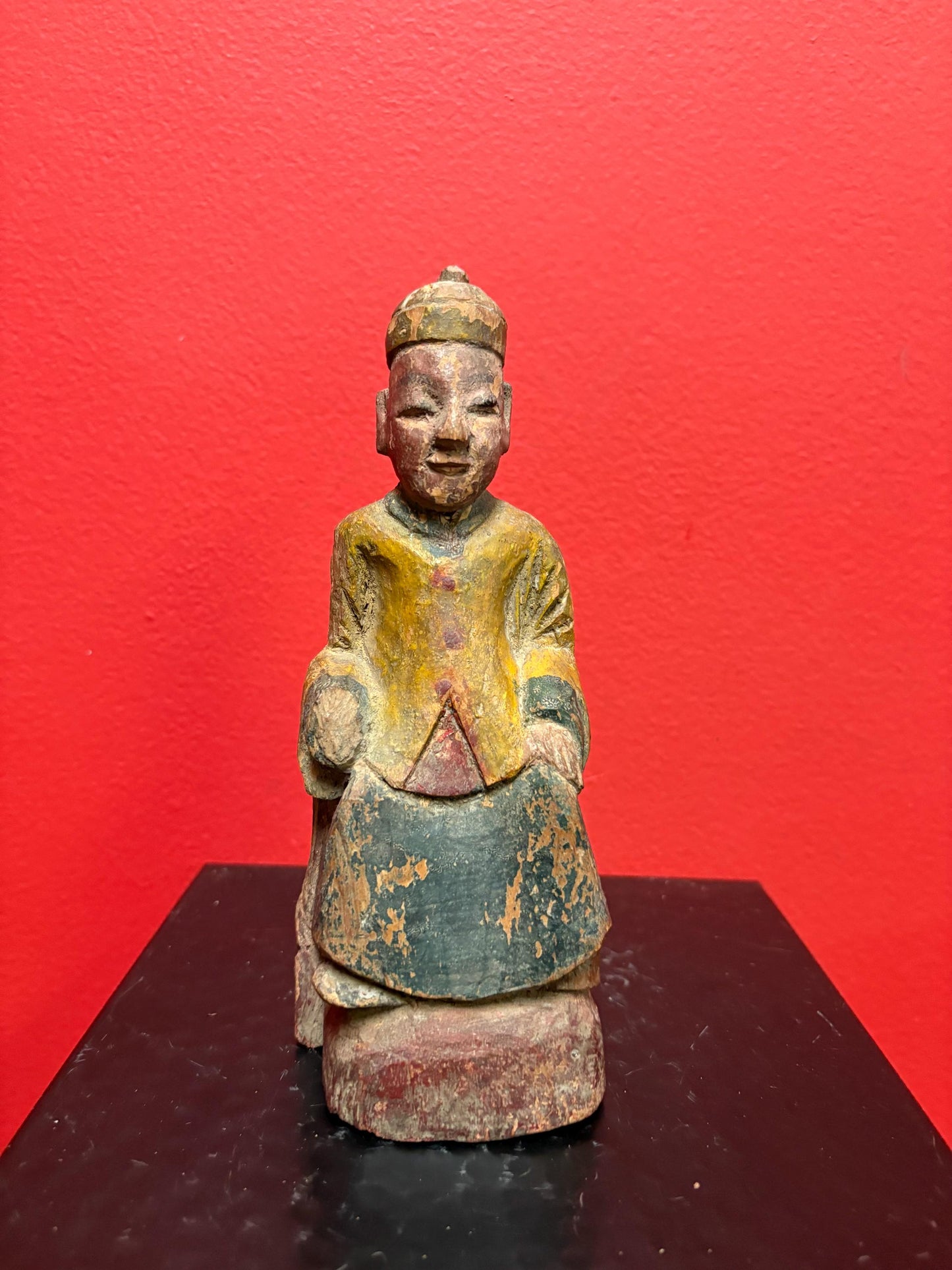 Ancient Chinese polychrome wooden deity  great colours and condition  8 inches tall