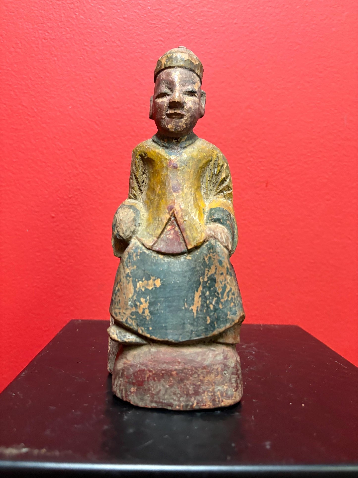 Ancient Chinese polychrome wooden deity  great colours and condition  8 inches tall