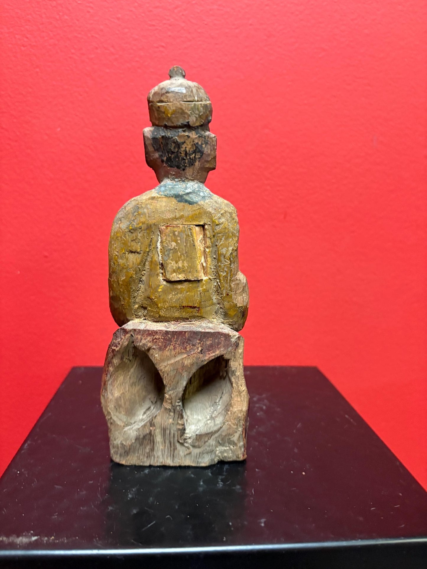 Ancient Chinese polychrome wooden deity  great colours and condition  8 inches tall