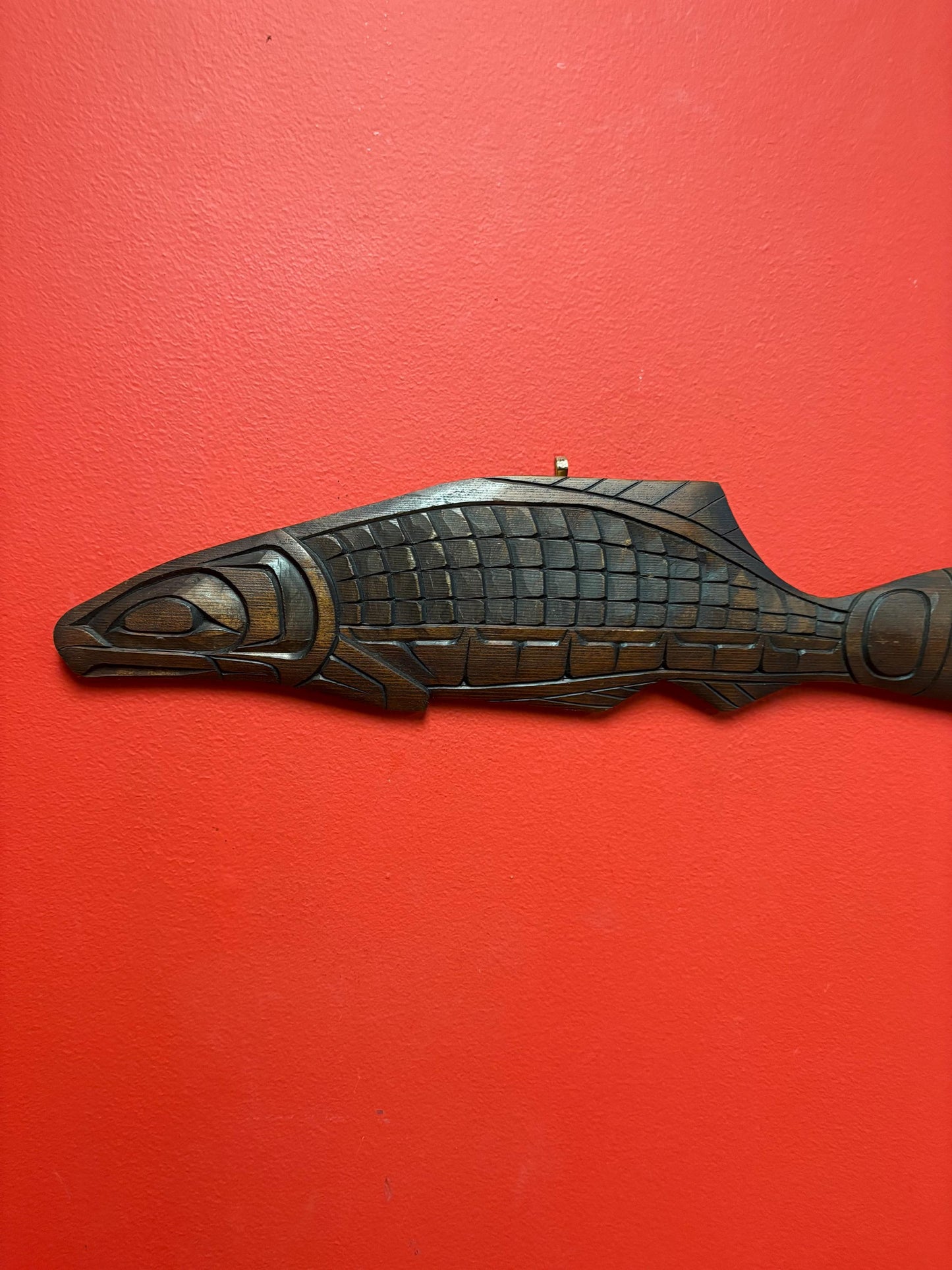 Stunning indigenous First Nations Pacific Northwest coast 18 by 4 inch wide detailed stained cedar salmon by Andrew Edwards - wow