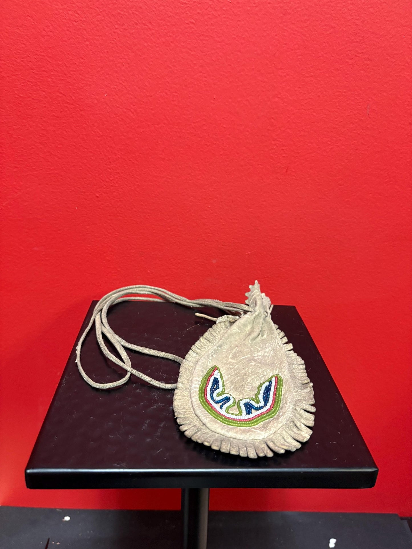 Beautiful antique beaded and leather 18 inch long indigenous first nation pacific  West Coast medicine bag slight damage