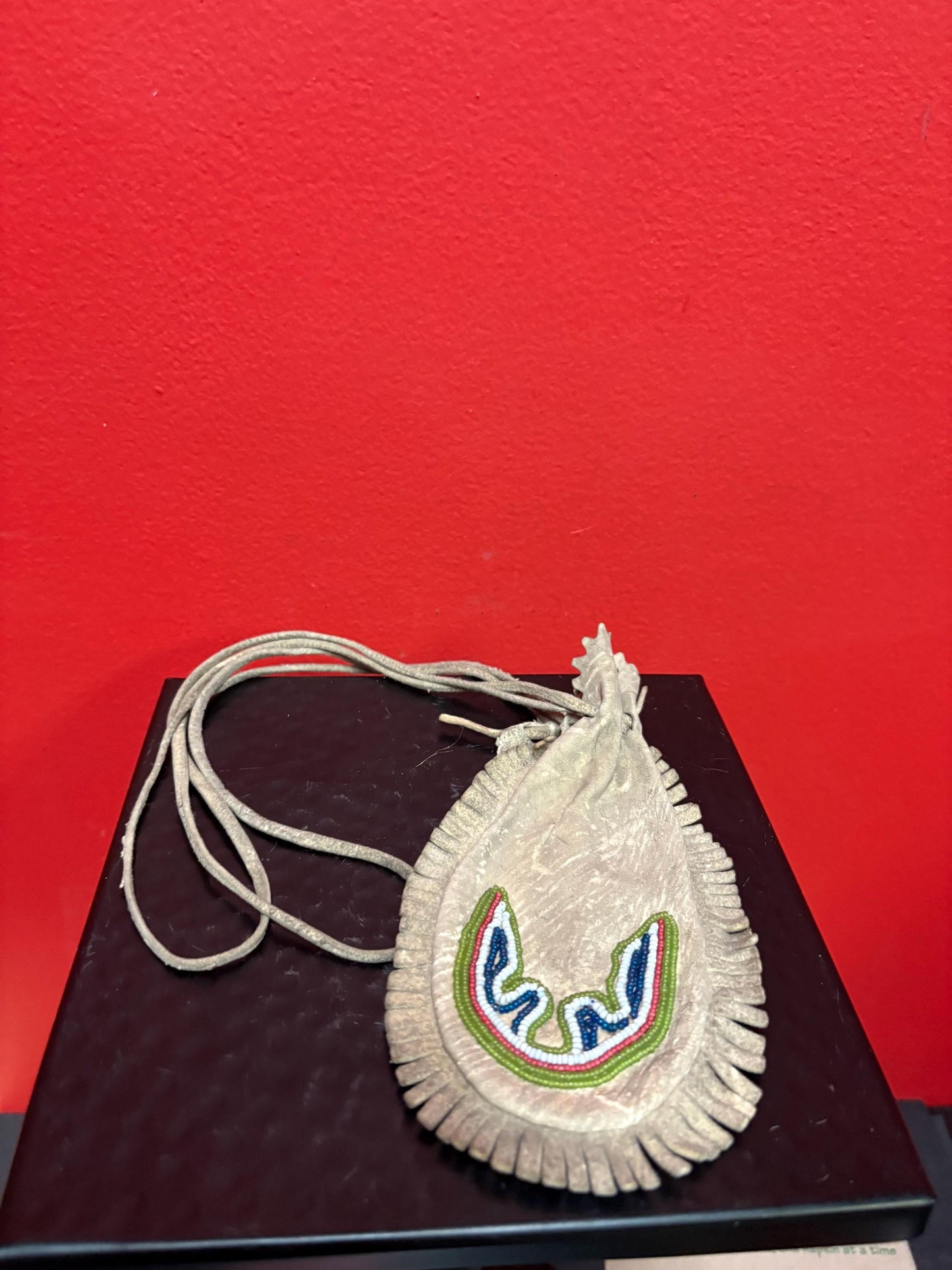 Beautiful antique beaded and leather 18 inch long indigenous first nation pacific  West Coast medicine bag slight damage