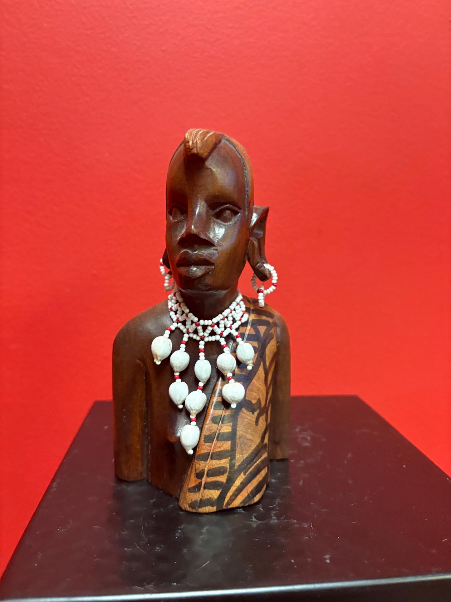 Beautiful old African statue with beaded shell necklace  7 inches high  great imagery  perfect gift
