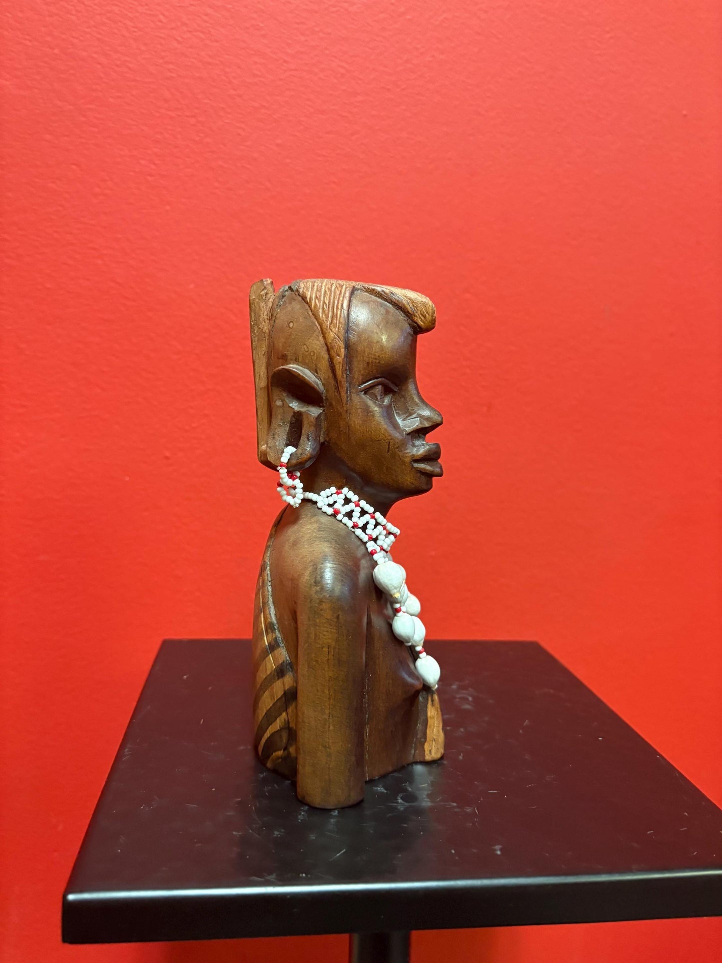 Beautiful old African statue with beaded shell necklace  7 inches high  great imagery  perfect gift