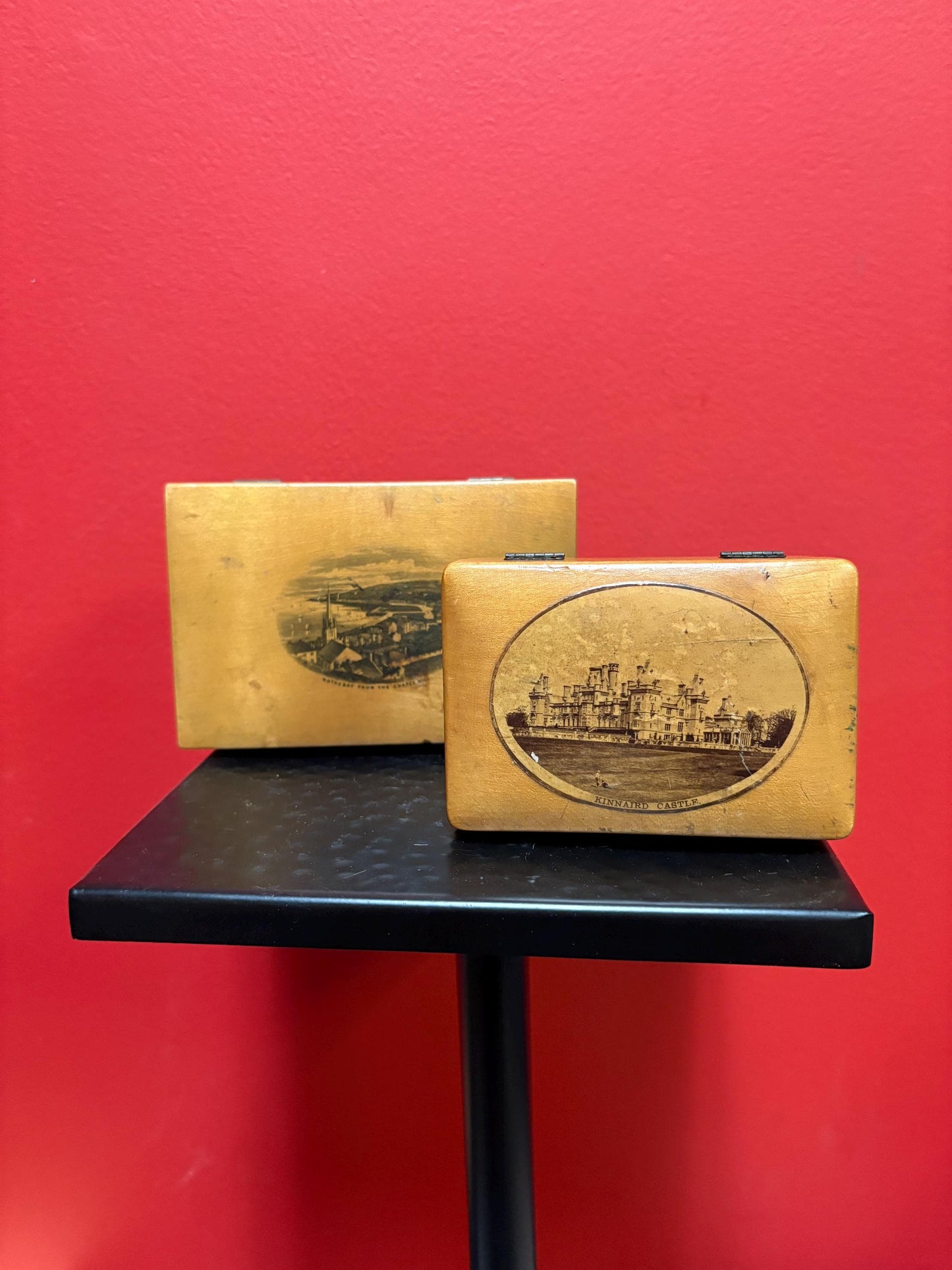 Two lovely mauchline ware English boxes  see photos  price for both   4 and 5 inches long