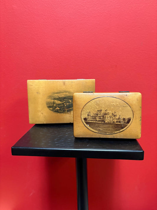 Two lovely mauchline ware English boxes  see photos  price for both   4 and 5 inches long