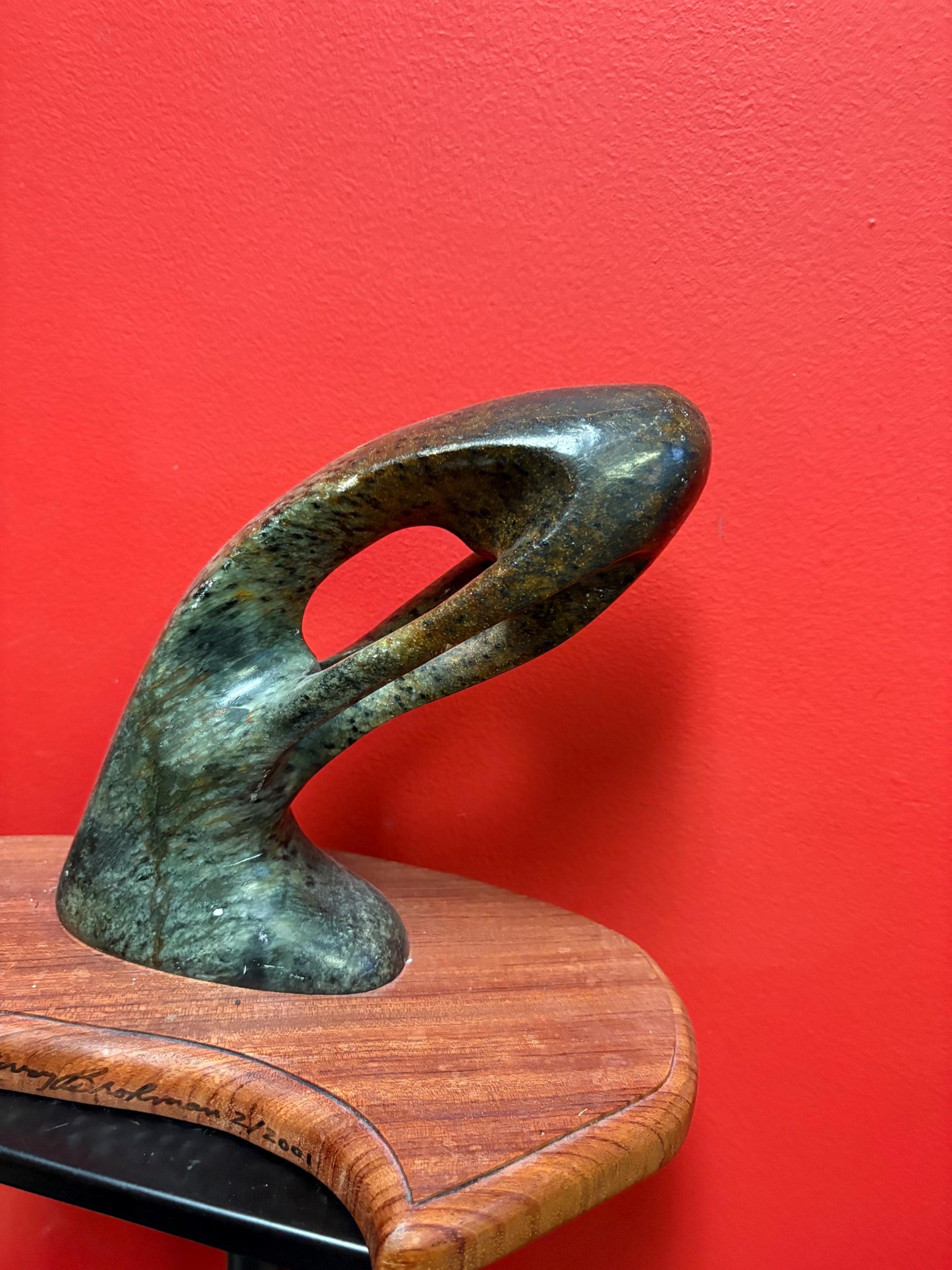 Stunning signed Inuit soapstone phallic statue on wood base    12 x 9 high and truly a wonderful piece of art