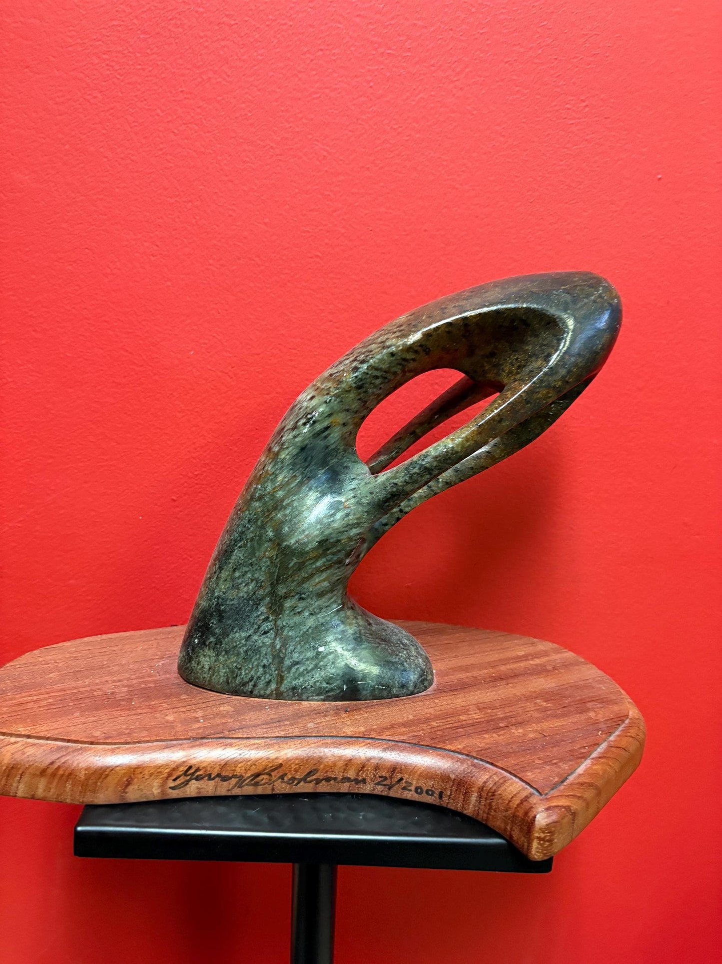 Stunning signed Inuit soapstone phallic statue on wood base    12 x 9 high and truly a wonderful piece of art