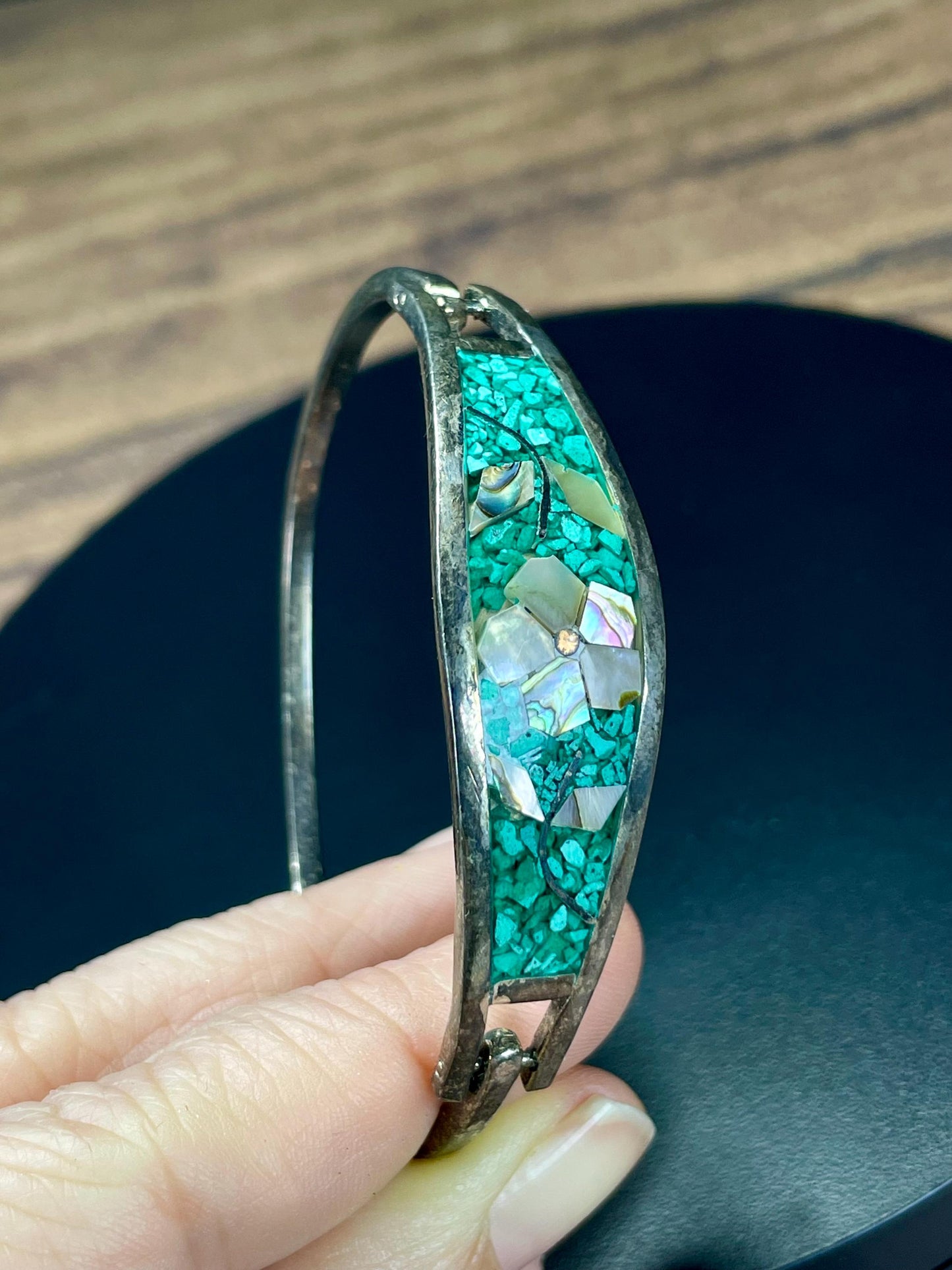 Mexican Hinged Flower Inlay Bracelet