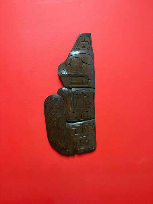 Lovely 19 inch tall signed indigenous first nations Pacific Northwest Cedar transformation plaque  RS