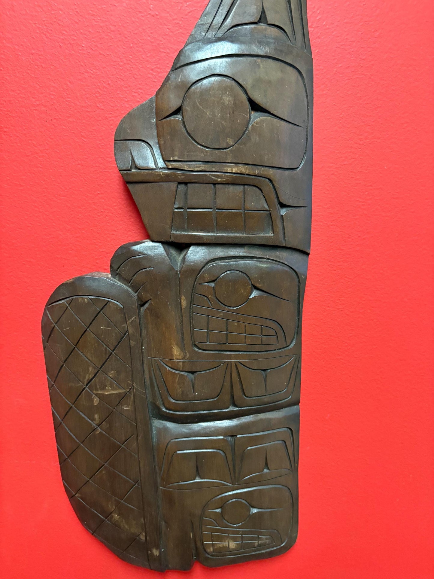 Lovely 19 inch tall signed indigenous first nations Pacific Northwest Cedar transformation plaque  RS