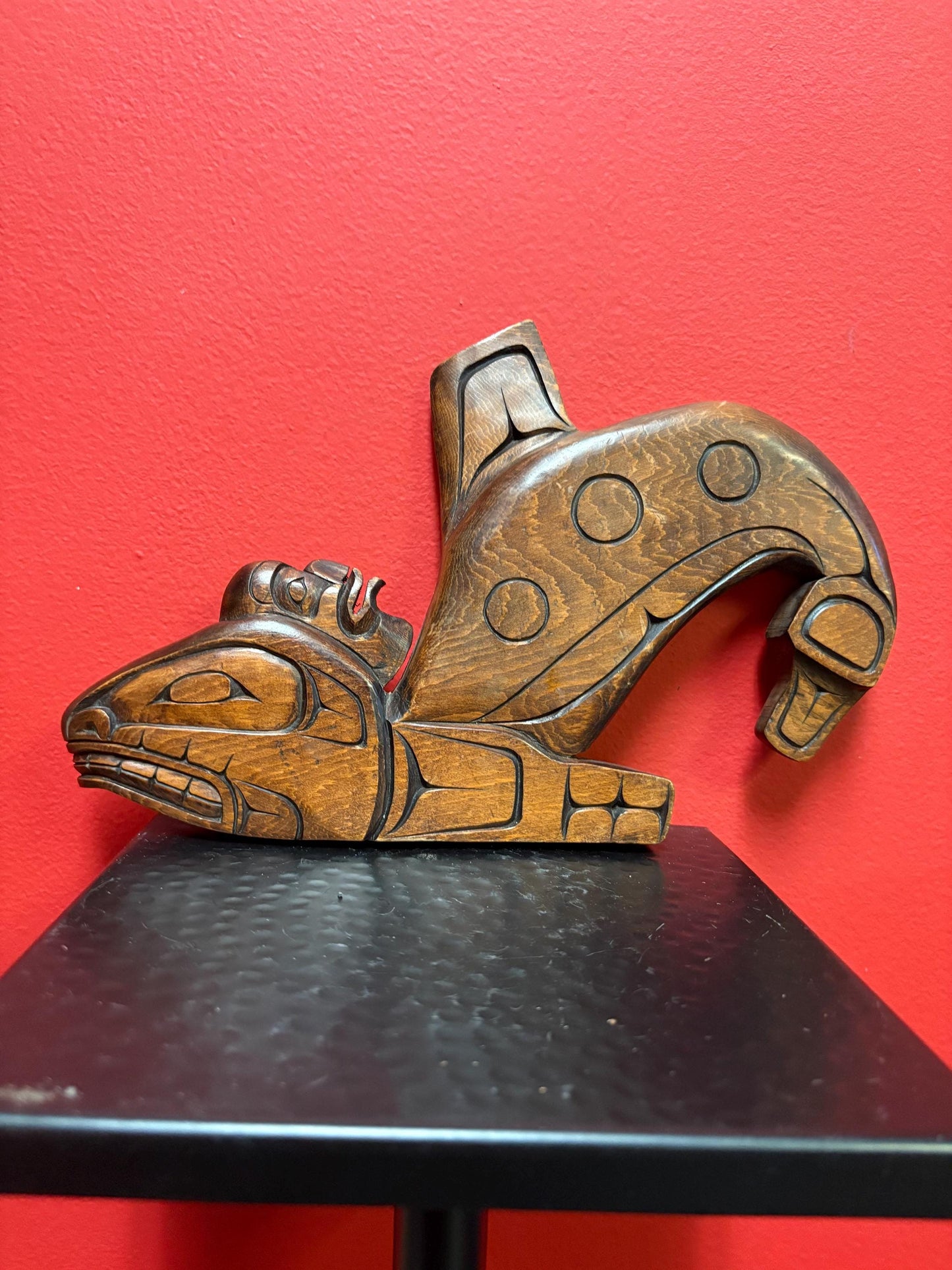 High-quality 15 x 4 indigenous first nation Pacific Northwest Coast signed  Stan Hunt killer whale transformation plaque needs hanger -RS