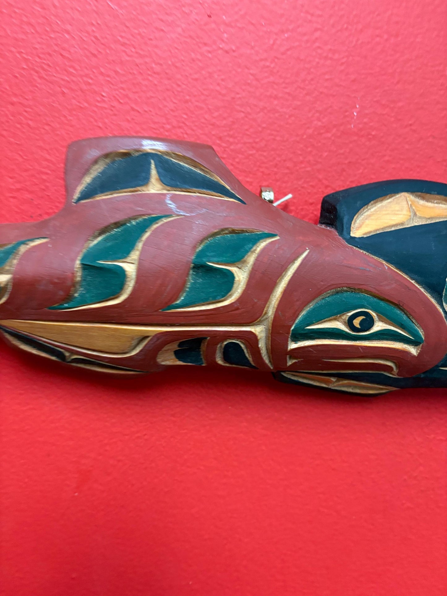 High-quality 15 x 4 indigenous first nations Pacific Northwest Coast signed double salmon plaque cedar beauty  great gft  -RS