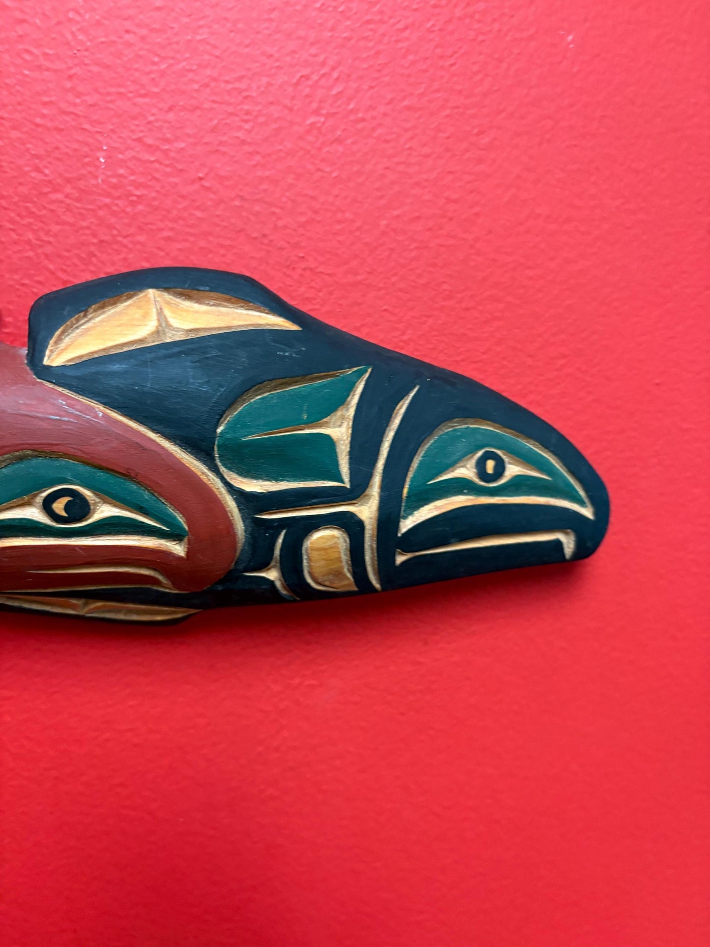 High-quality 15 x 4 indigenous first nations Pacific Northwest Coast signed double salmon plaque cedar beauty  great gft  -RS