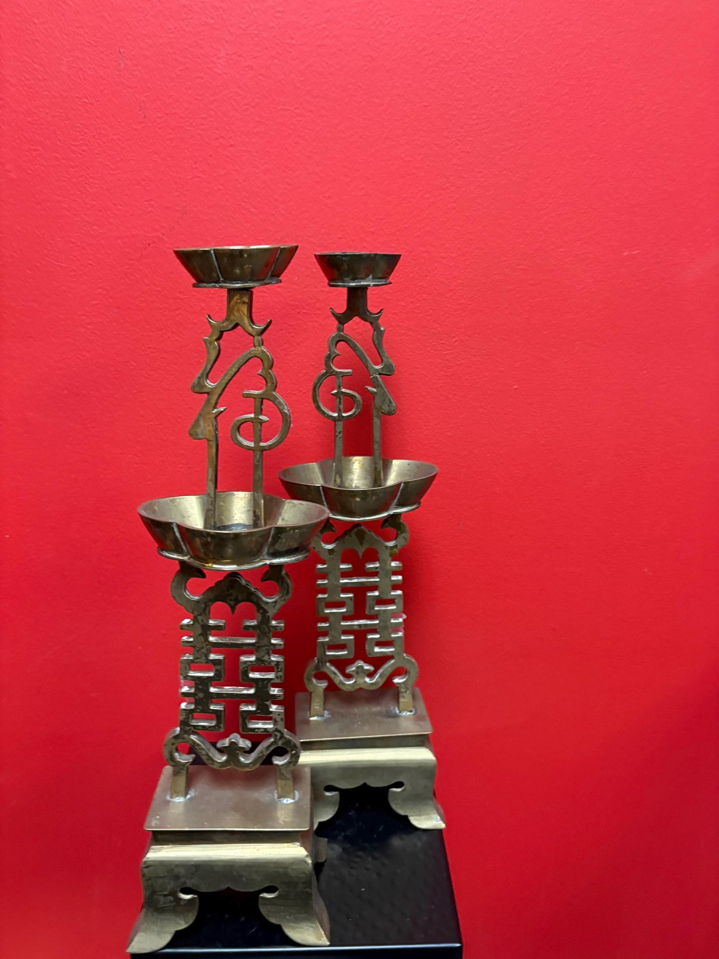 Antique Chinese brass wedding candlesticks  15 inches tall lovely condition -  tops a little loose