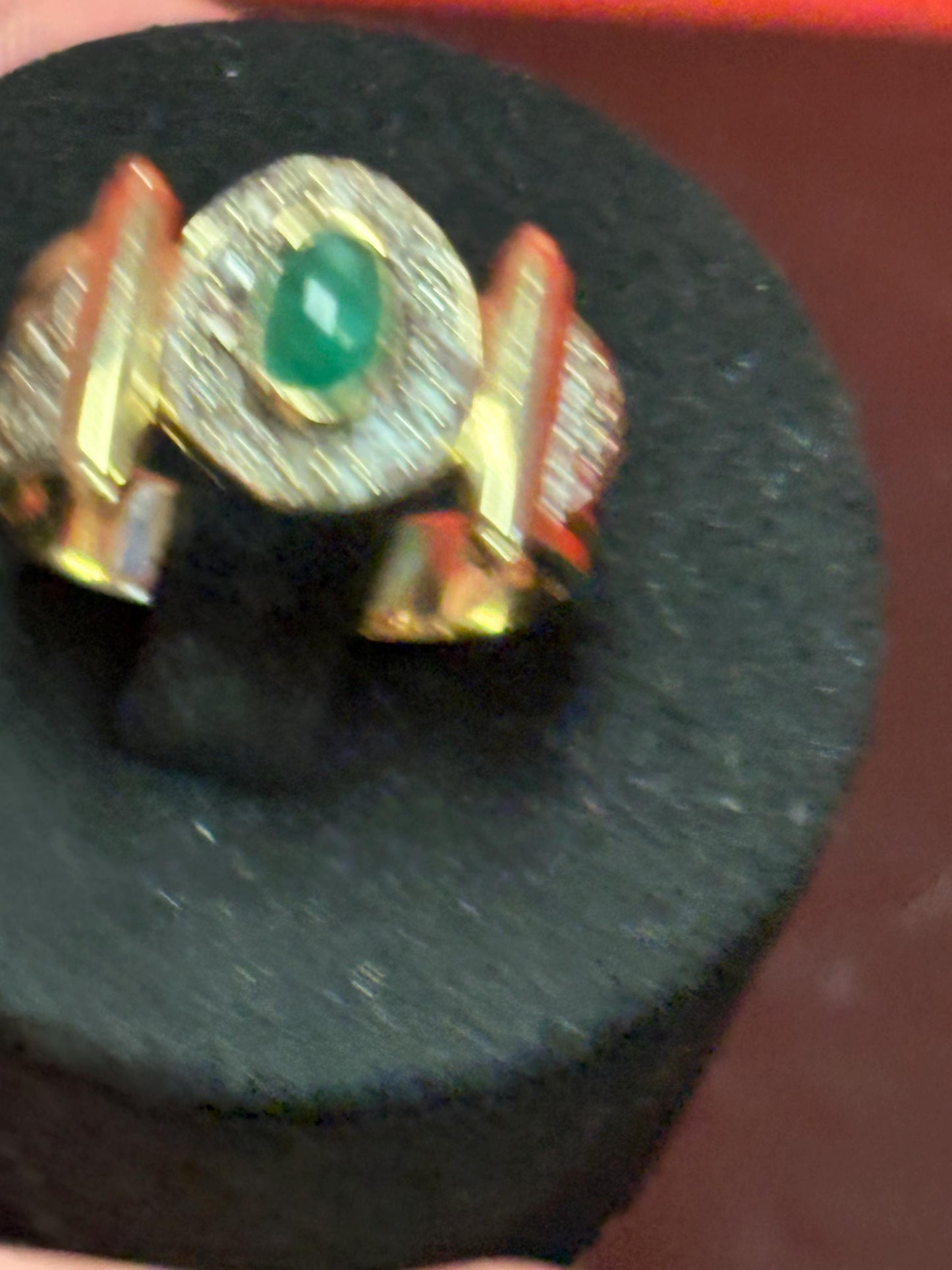 Beautiful 14 karat yellow  gold with emerald and diamonds  size 8  lovely condition - B