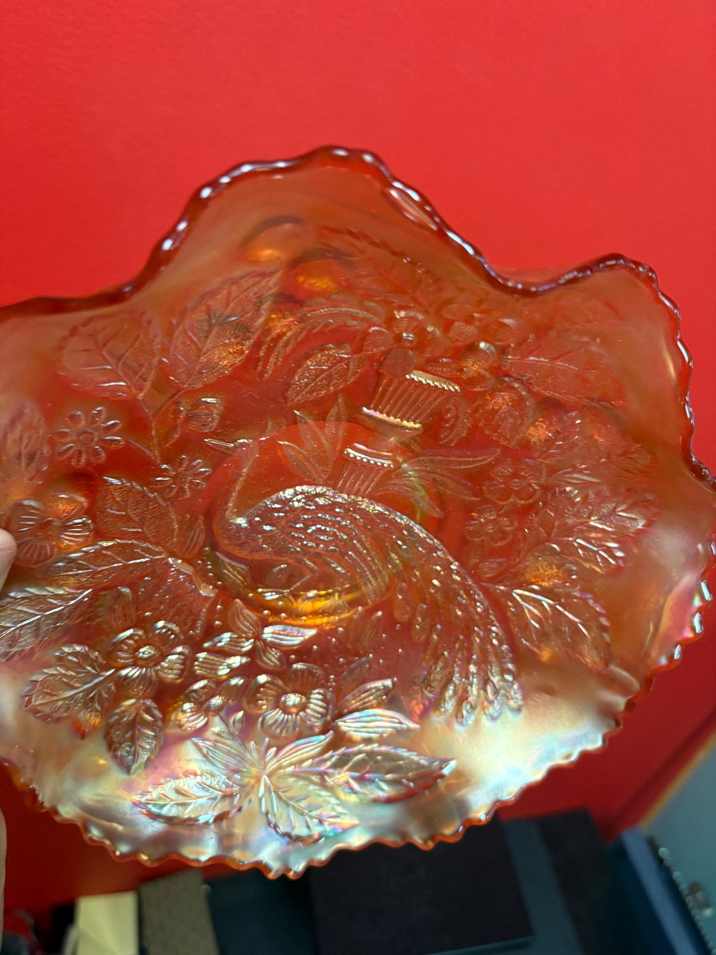 Lovely antique 9 inch wide carnival glass peacock at the fountain bowl with ruffle edges - great value and perfect condition- B