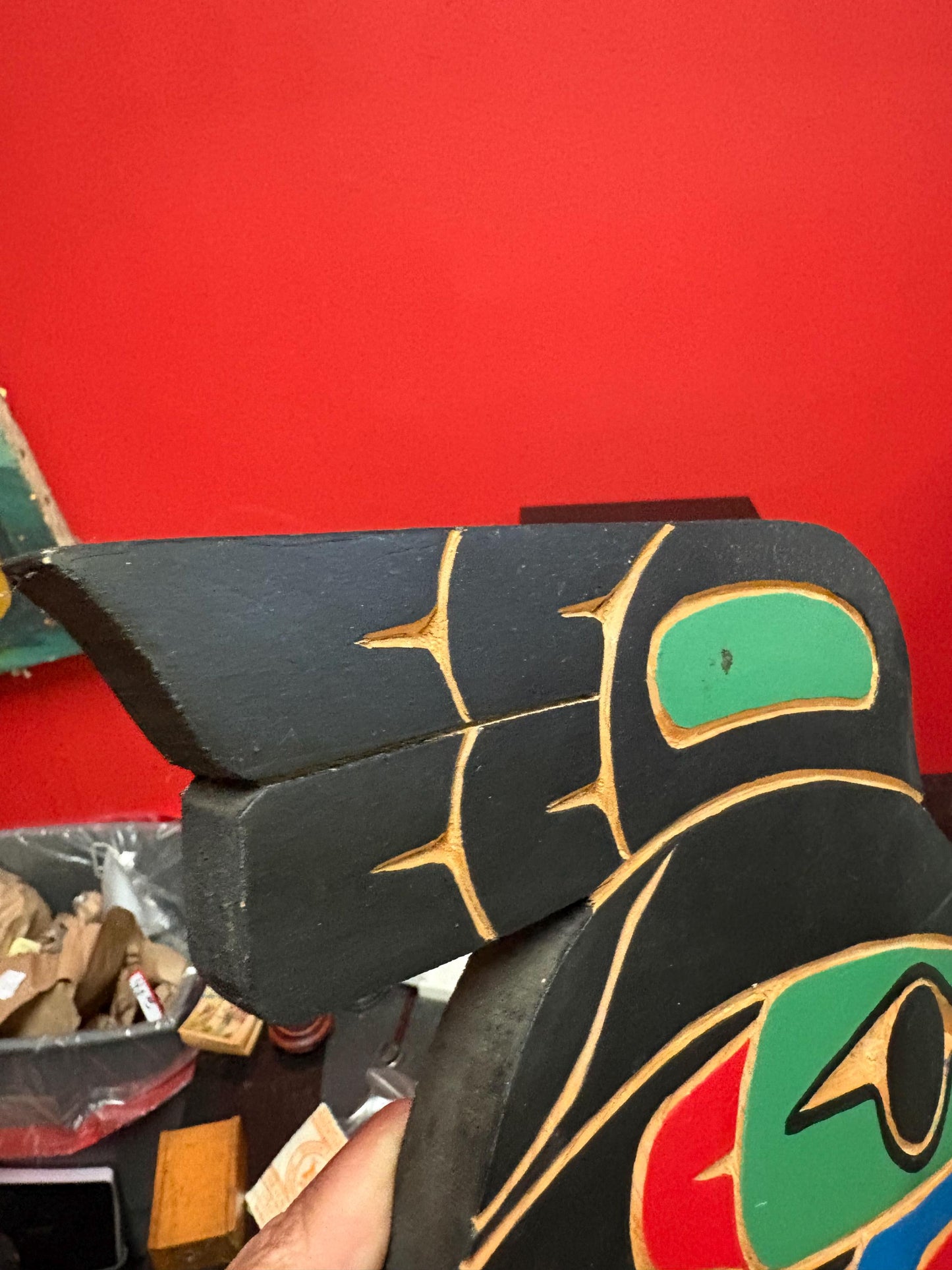 Beautiful signed indigenous first nations pacific north West Coast 14 by 7  inch polychrome painted Kolus plaque  good value