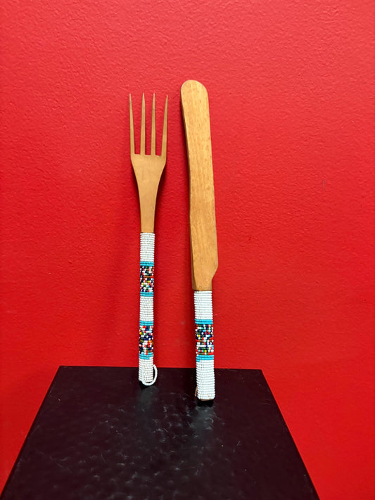 Indigenous First Nations wood and beaded  fork and knife   10 and 11 inches long  very cool  great condition