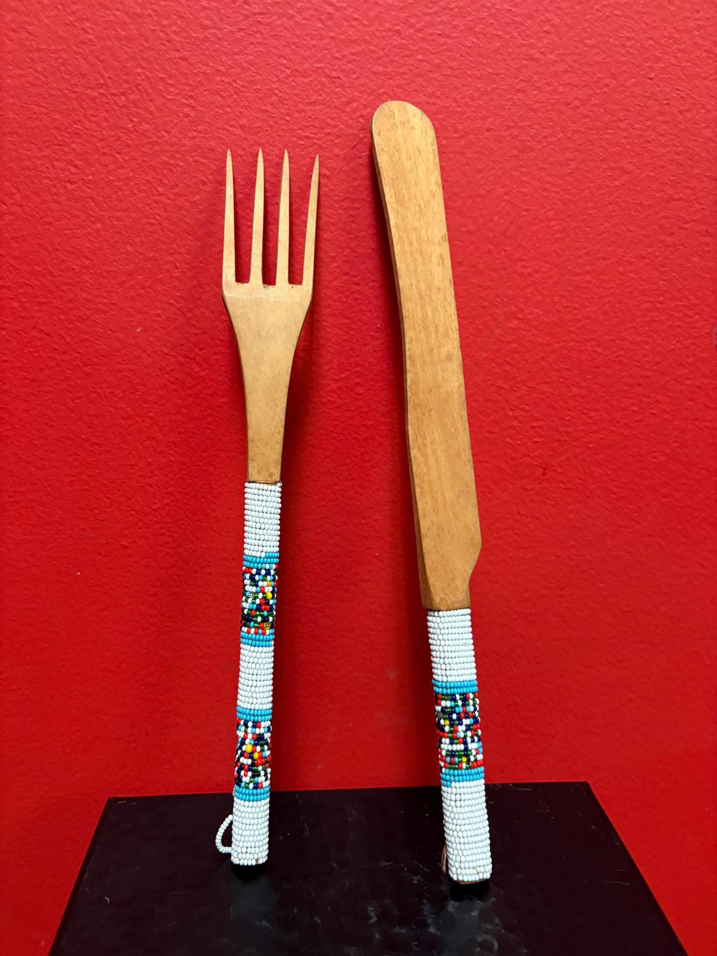 Indigenous First Nations wood and beaded  fork and knife   10 and 11 inches long  very cool  great condition