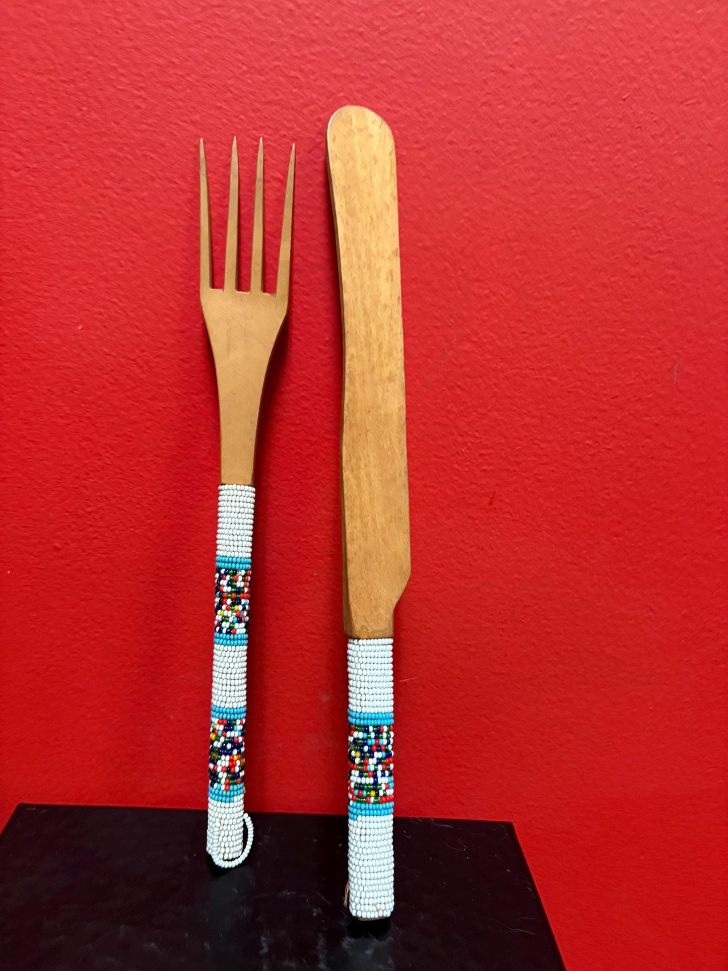 Indigenous First Nations wood and beaded  fork and knife   10 and 11 inches long  very cool  great condition