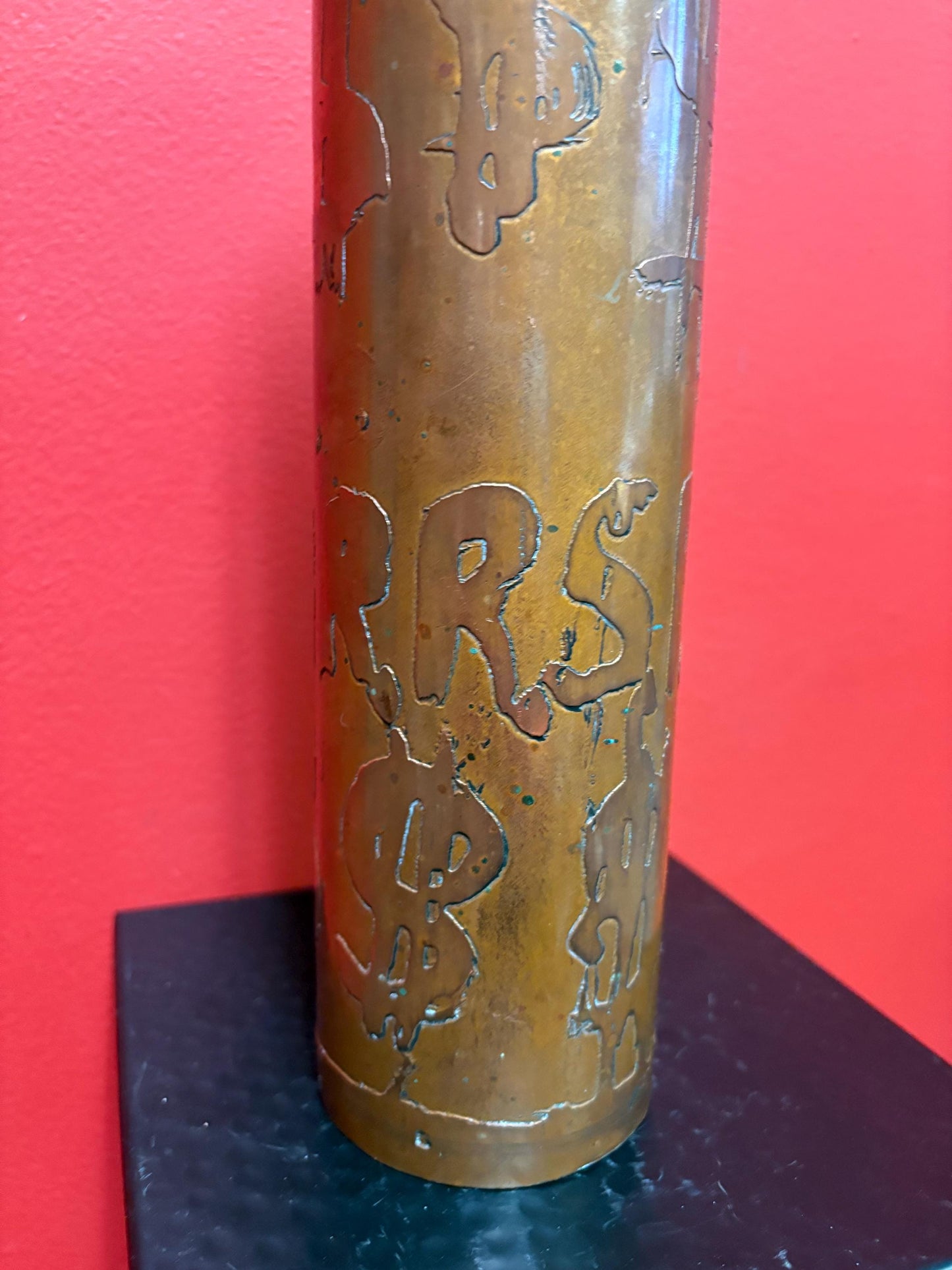 Stunning rare indigenous Vancouver first Nations ADOLF OETTER copper money themed vase  exceptional patina  11 inches tall