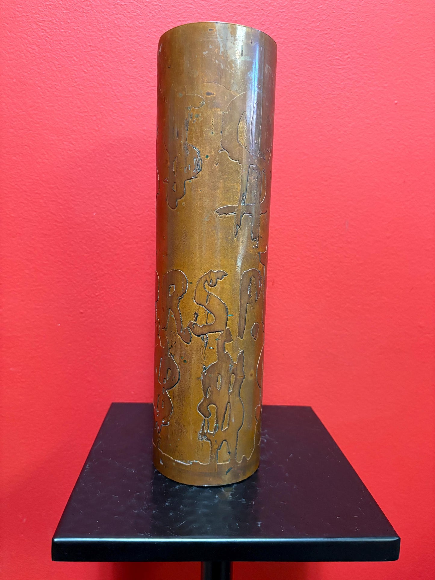 Stunning rare indigenous Vancouver first Nations ADOLF OETTER copper money themed vase  exceptional patina  11 inches tall