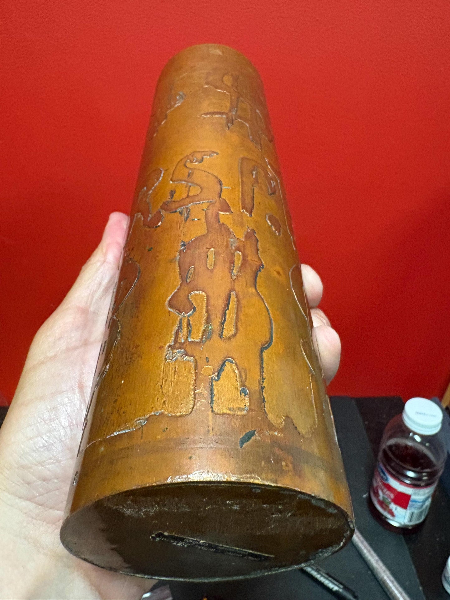 Stunning rare indigenous Vancouver first Nations ADOLF OETTER copper money themed vase  exceptional patina  11 inches tall