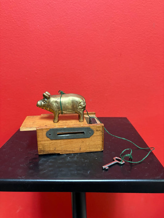 Very cool antique Piggy bank box with brass pig and original key  so unusual and amazing  box is 3 x 2 x 2 high
