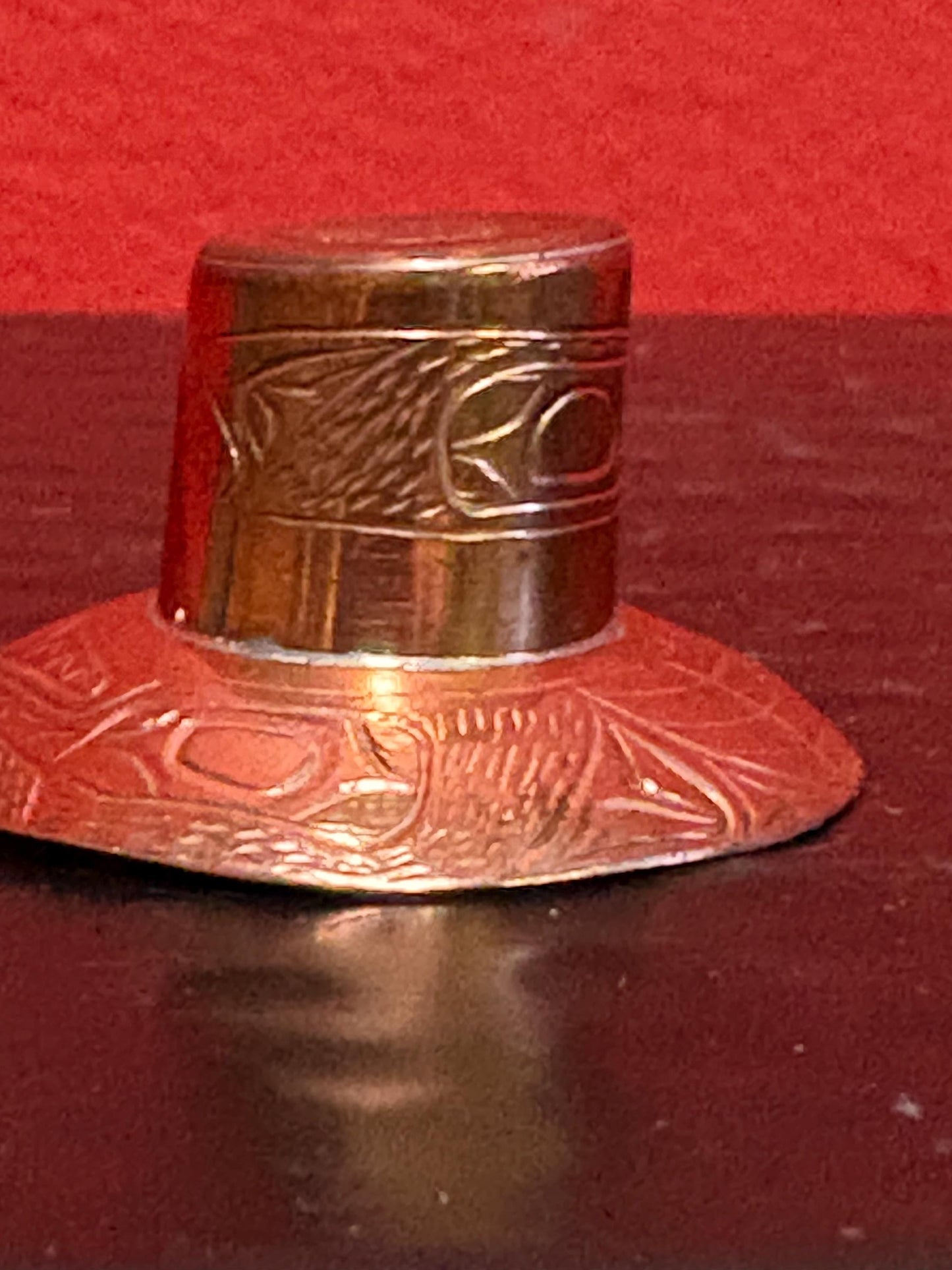 Beautiful Unusual indigenous first nations, pacific West Coast signed copper pendant in shape of a hat  1.5 inch wide by 1 inch high - wow