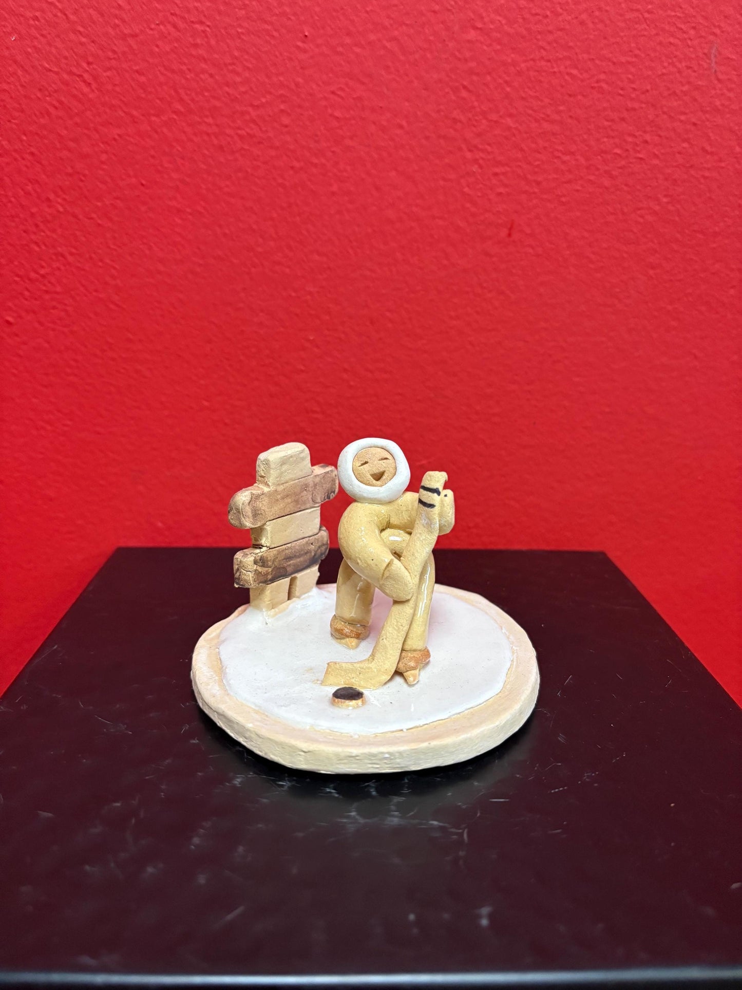 Beautiful Canadian indigenous Inuit signed clay statue of Eskimo and Inukshuk handmade  approx 3  high  perfect condition  great gift