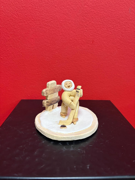 Beautiful Canadian indigenous Inuit signed clay statue of Eskimo and Inukshuk handmade  approx 3  high  perfect condition  great gift