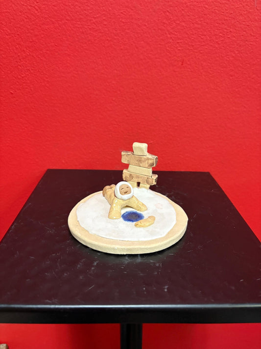Beautiful Canadian indigenous Inuit signed clay statue of Eskimo and Inukshuk handmade  approx 3  high  perfect condition  great gift