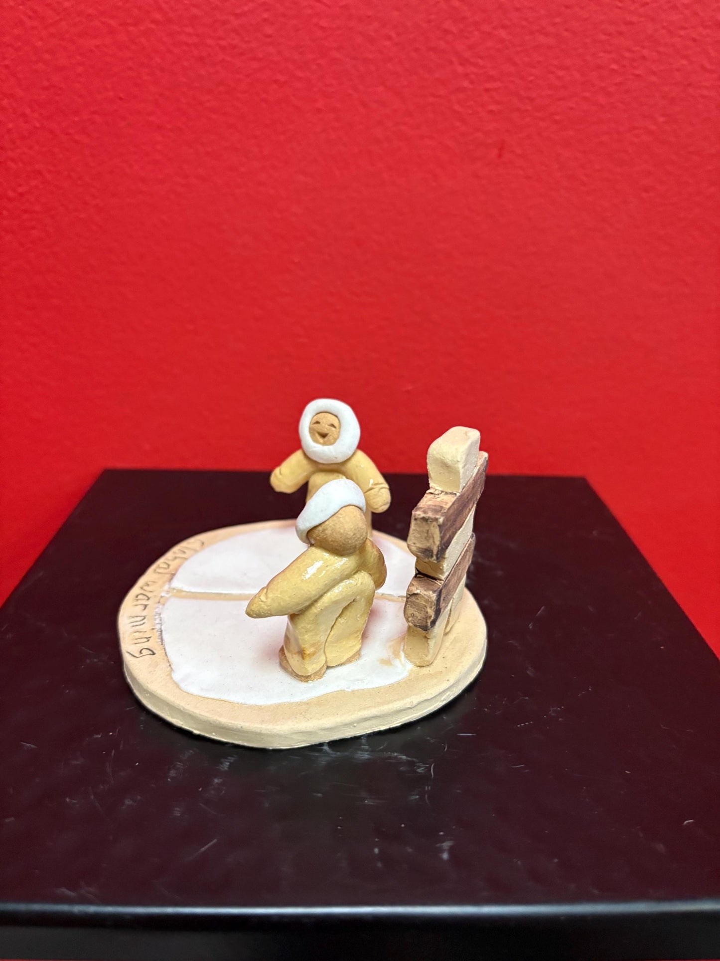 Beautiful Canadian indigenous Inuit signed clay statue of Eskimo and Inukshuk handmade  approx 3  high  perfect condition  great gift
