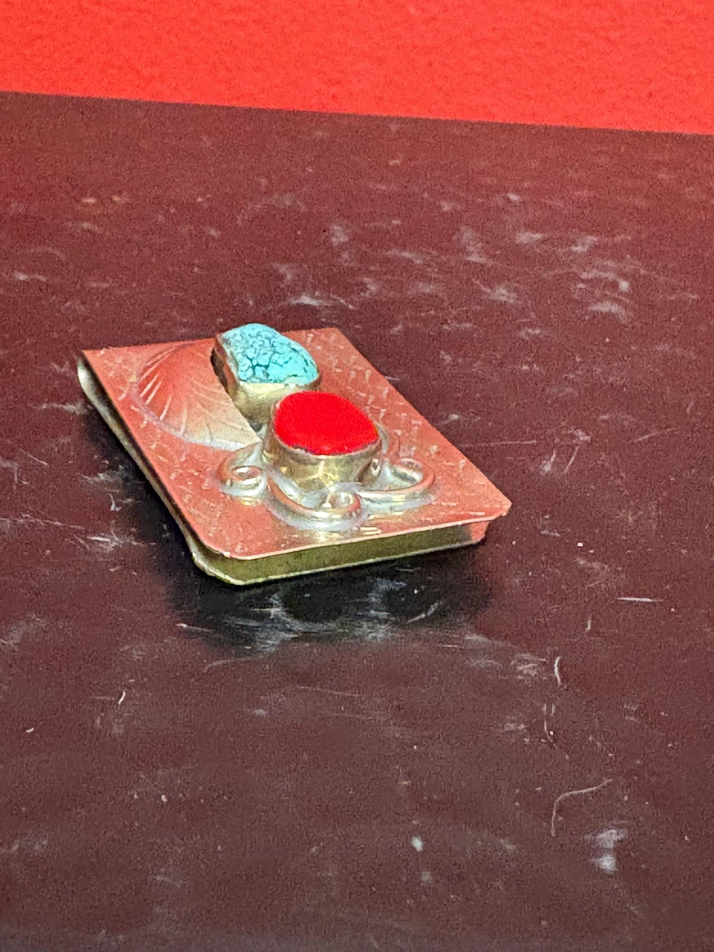 Stunning old Navajo Sterling turquoise and coral authentic money clip  2 inches