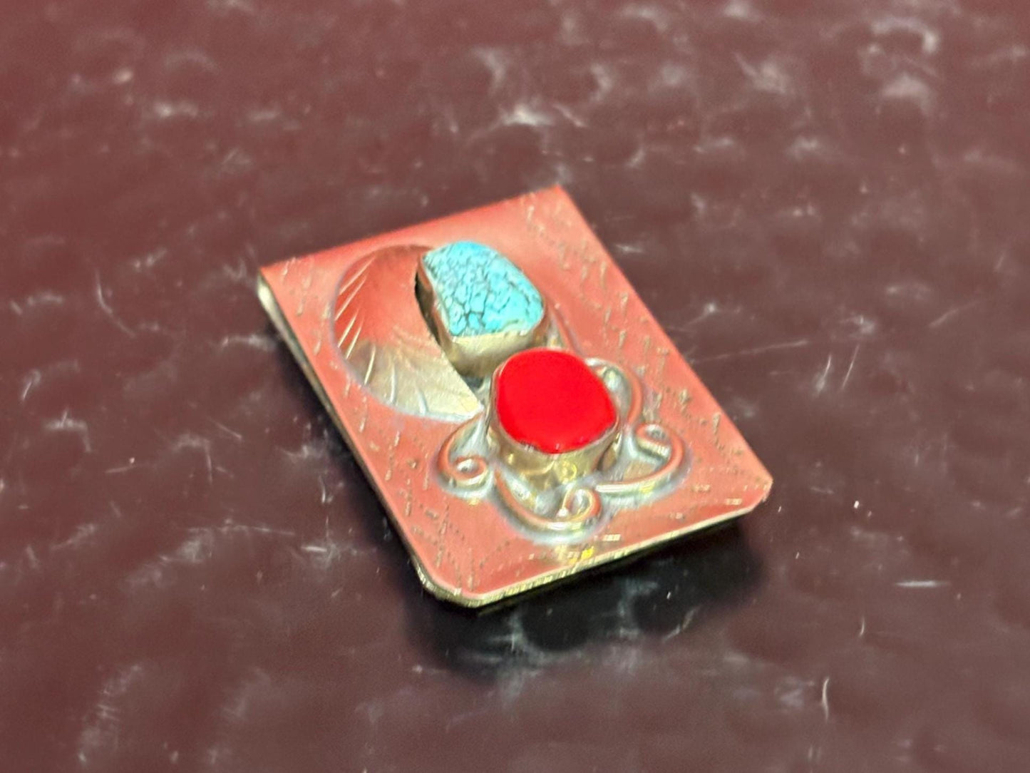Stunning old Navajo Sterling turquoise and coral authentic money clip  2 inches