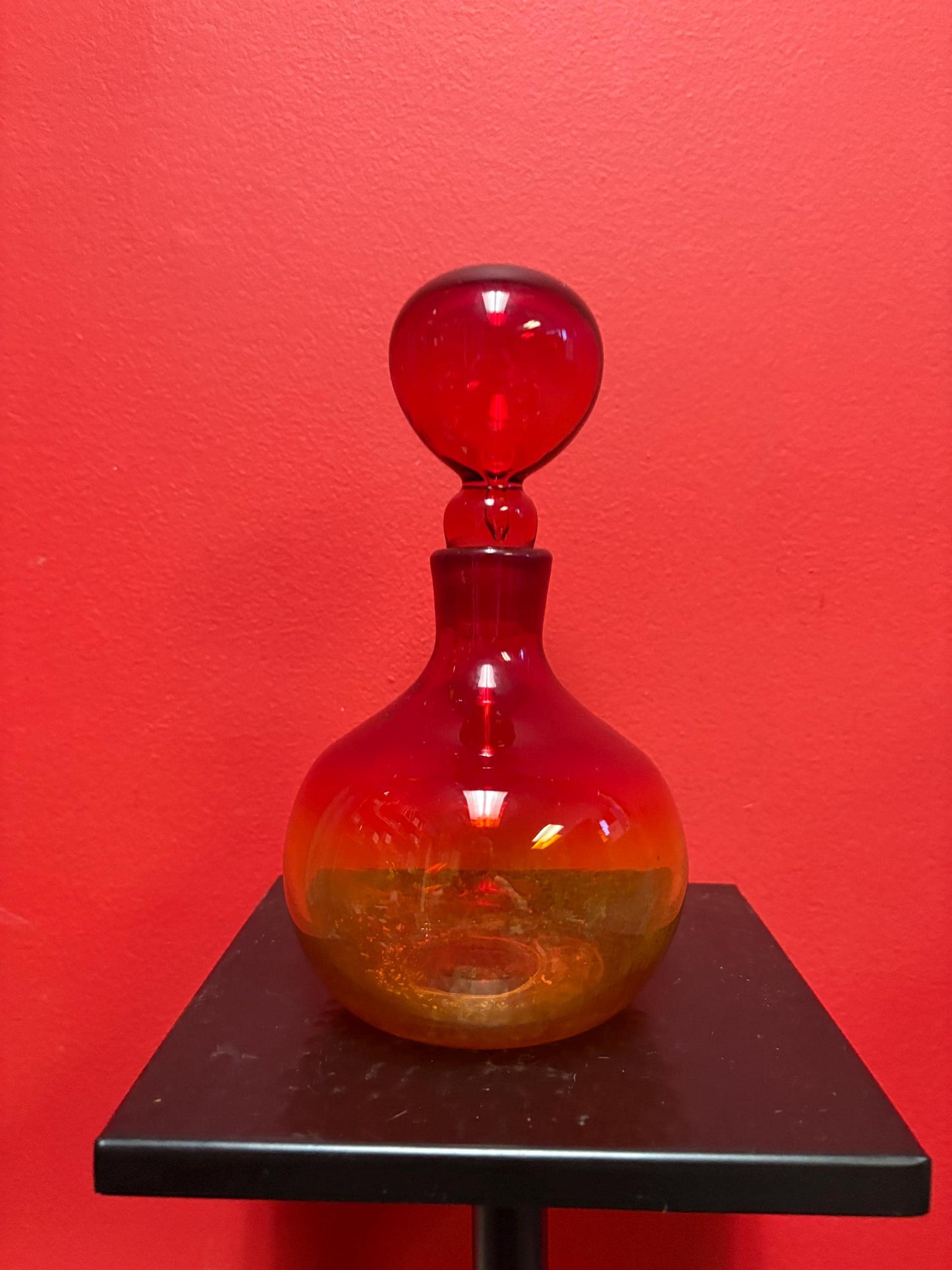 Beautiful vintage 9 inch tall blenko glass decanter  red amber colours  mint condition