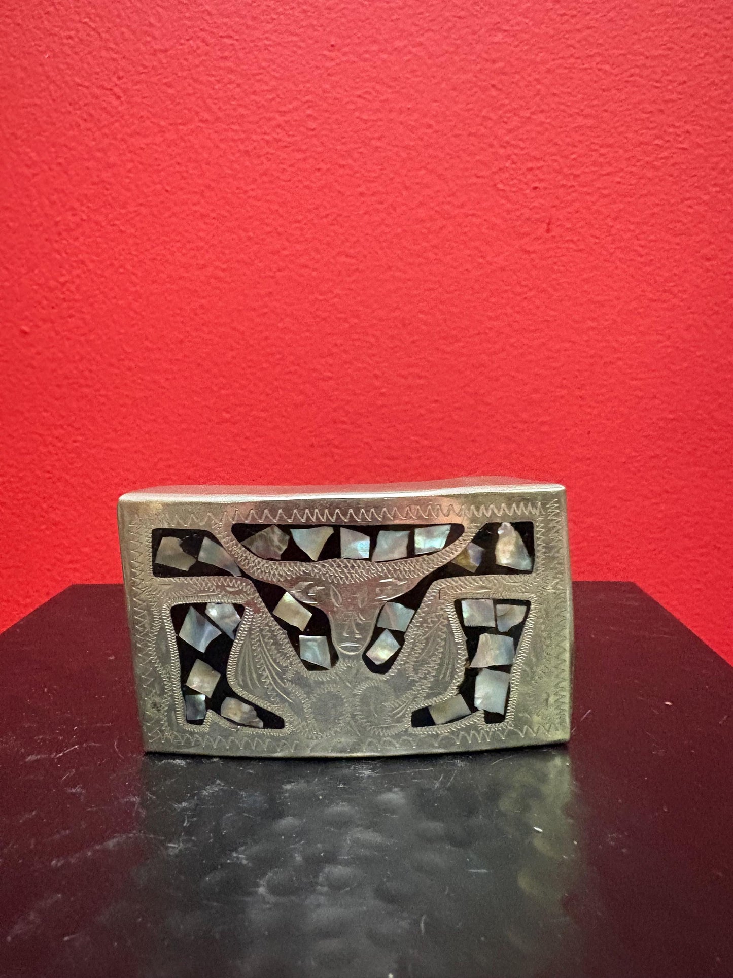 Beautiful Mexican silver plate and Abalone  bull belt buckle   unique  great gift