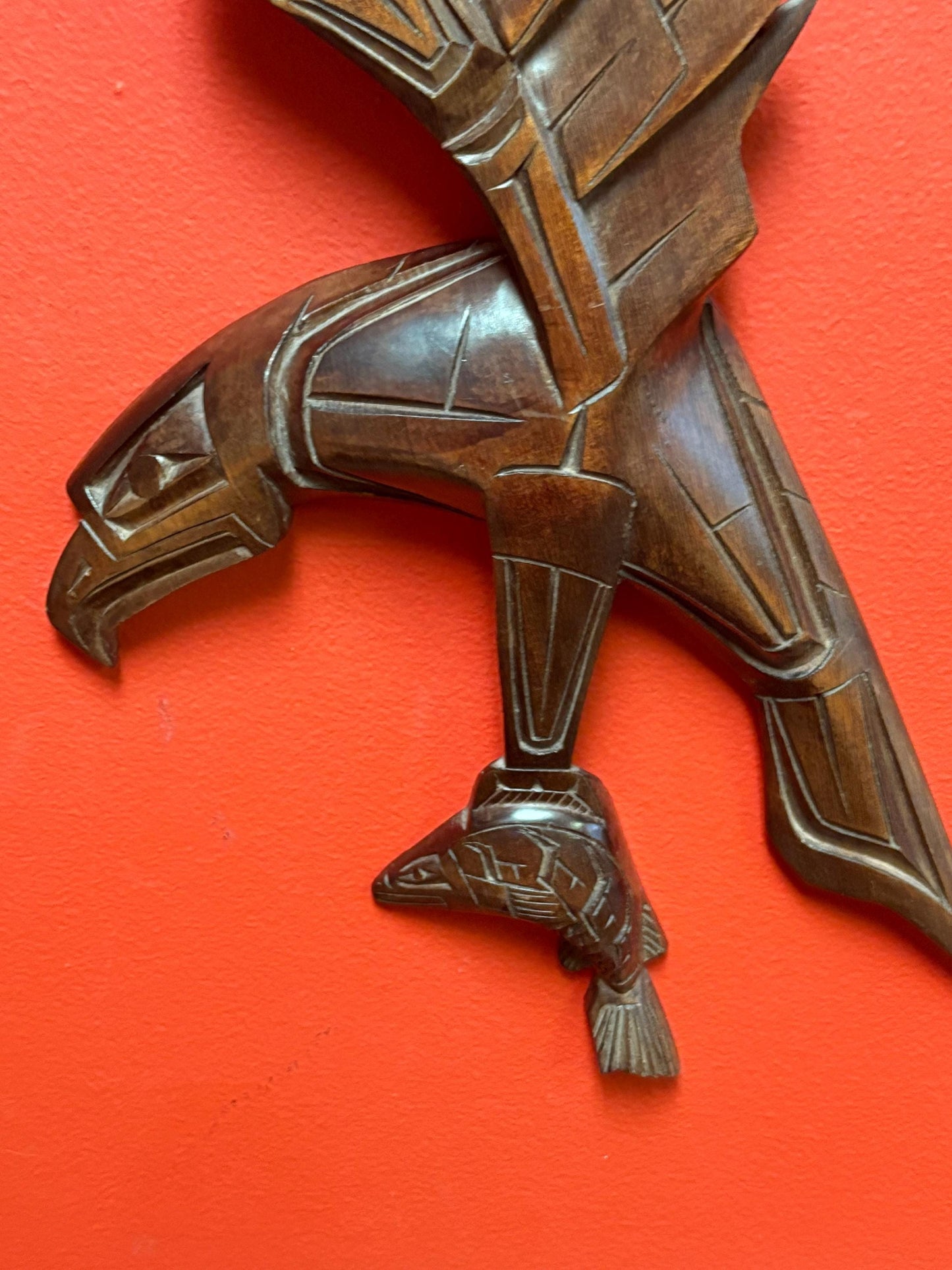 Beautiful indigenous first nation Pacific Northwest Coast 21 x 8 Mel Good eagle and salmon plaque with a couple chips  good value