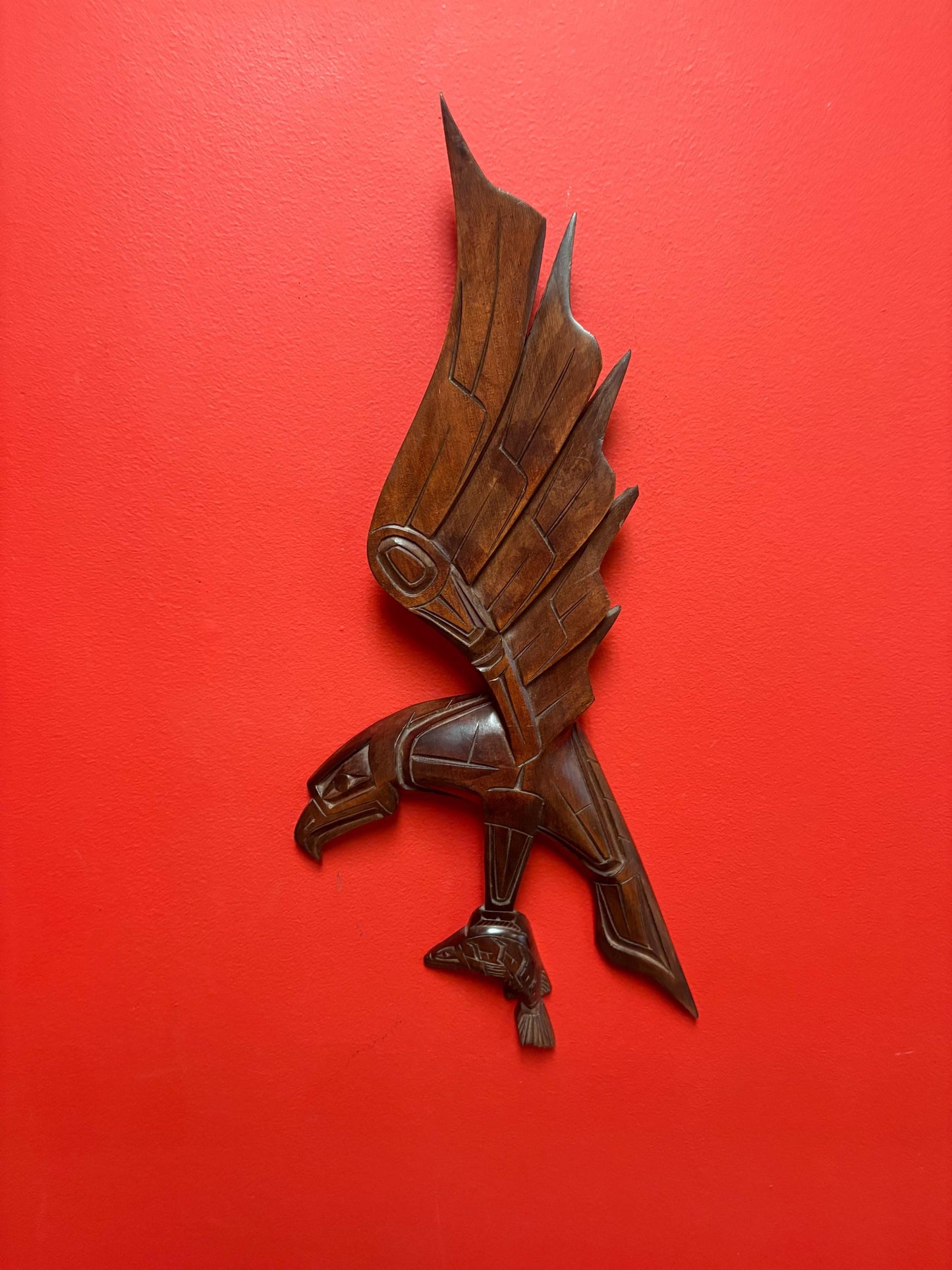 Beautiful indigenous first nation Pacific Northwest Coast 21 x 8 Mel Good eagle and salmon plaque with a couple chips  good value
