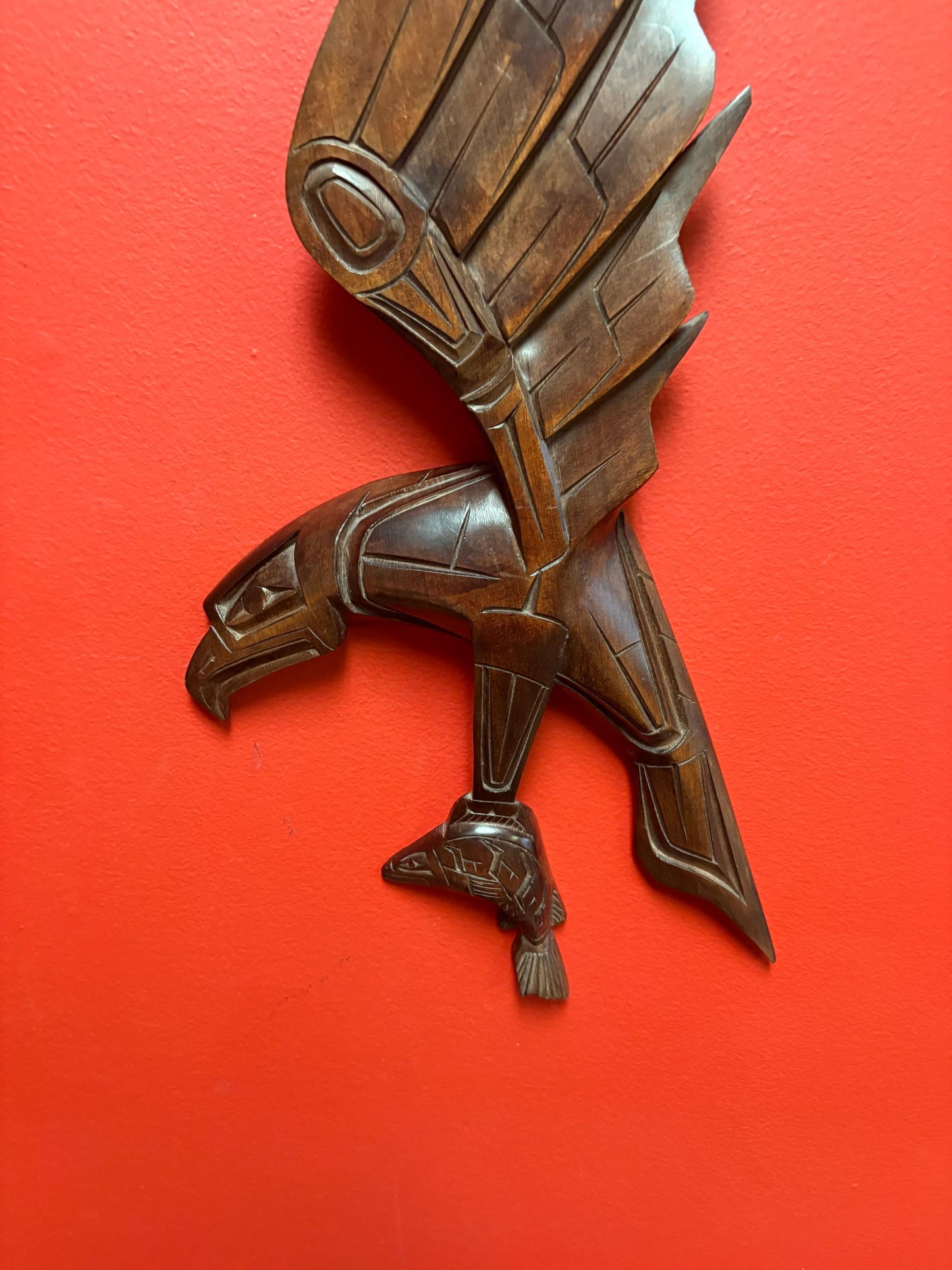 Beautiful indigenous first nation Pacific Northwest Coast 21 x 8 Mel Good eagle and salmon plaque with a couple chips  good value