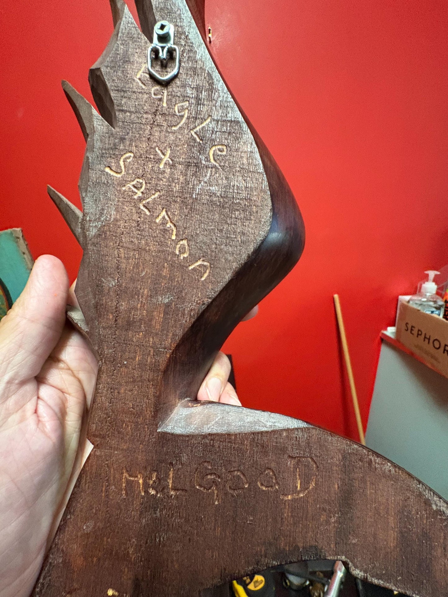 Beautiful indigenous first nation Pacific Northwest Coast 21 x 8 Mel Good eagle and salmon plaque with a couple chips  good value