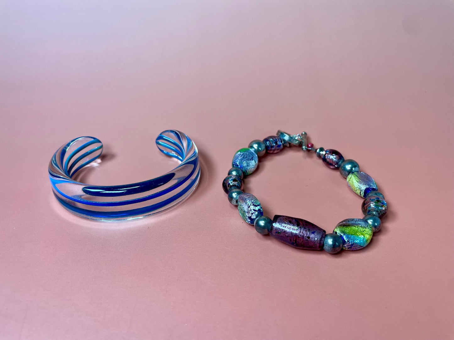 Lot of 2 Glass Bracelets  Cuff and Beaded designs