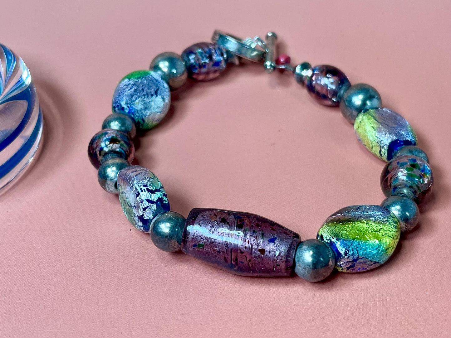 Lot of 2 Glass Bracelets  Cuff and Beaded designs